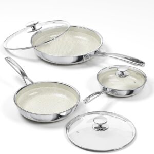 Non Stick Frying Pan Set with Lid, 8/10/12 Inch Ceramic Tri-ply Hybird Stainless Steel Cookware Sets, No Toxic Nonstick Skillet Set W/Lid Induction Cooking Pan Set of 3, Oven Safe, PFAS&PTFE&PFOA Free