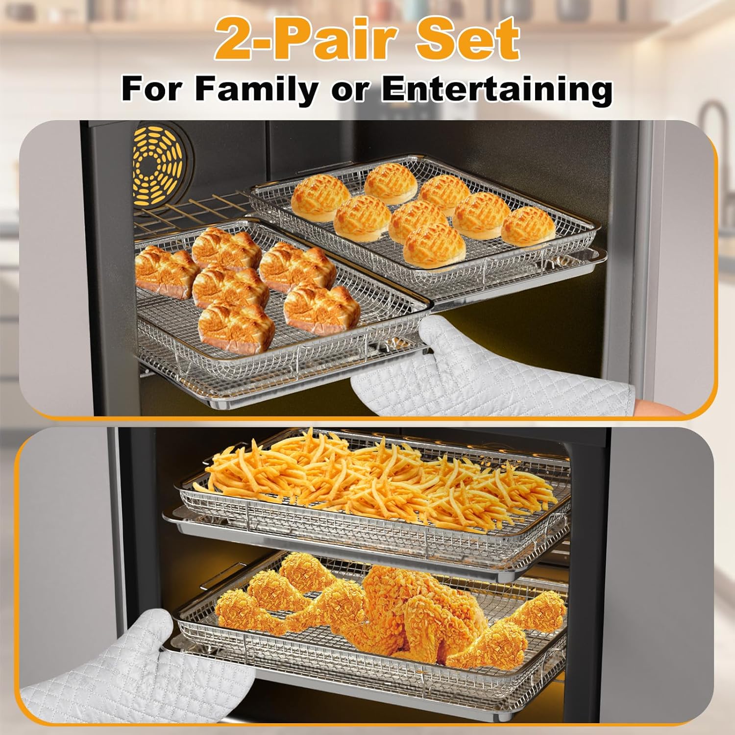 Air Fryer Basket Oven - 2 Set Large Air Fryer Basket and Tray Stainless Steel Oven Air Fryer Rack Pan Accessories for Baking 15.7"x11.8" - Image 5