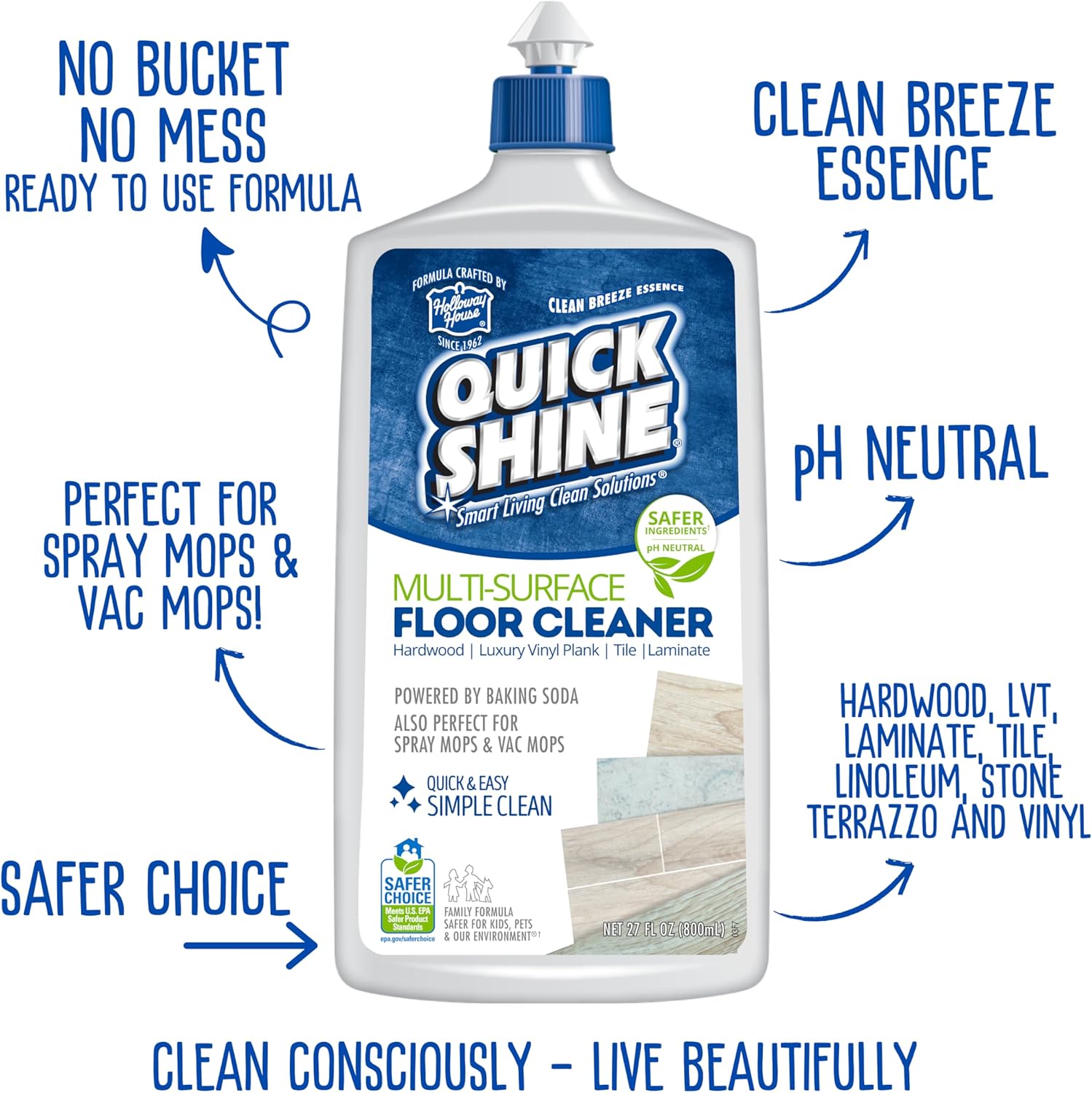 Quick Shine Multi Surface Floor Cleaner & Floor Polish w/Clean Shine Technology 2-27oz Bottles | Use on Hardwood, Laminate, Luxury Vinyl Plank, Tile & Stone | Safer Choice Formulas - Image 2