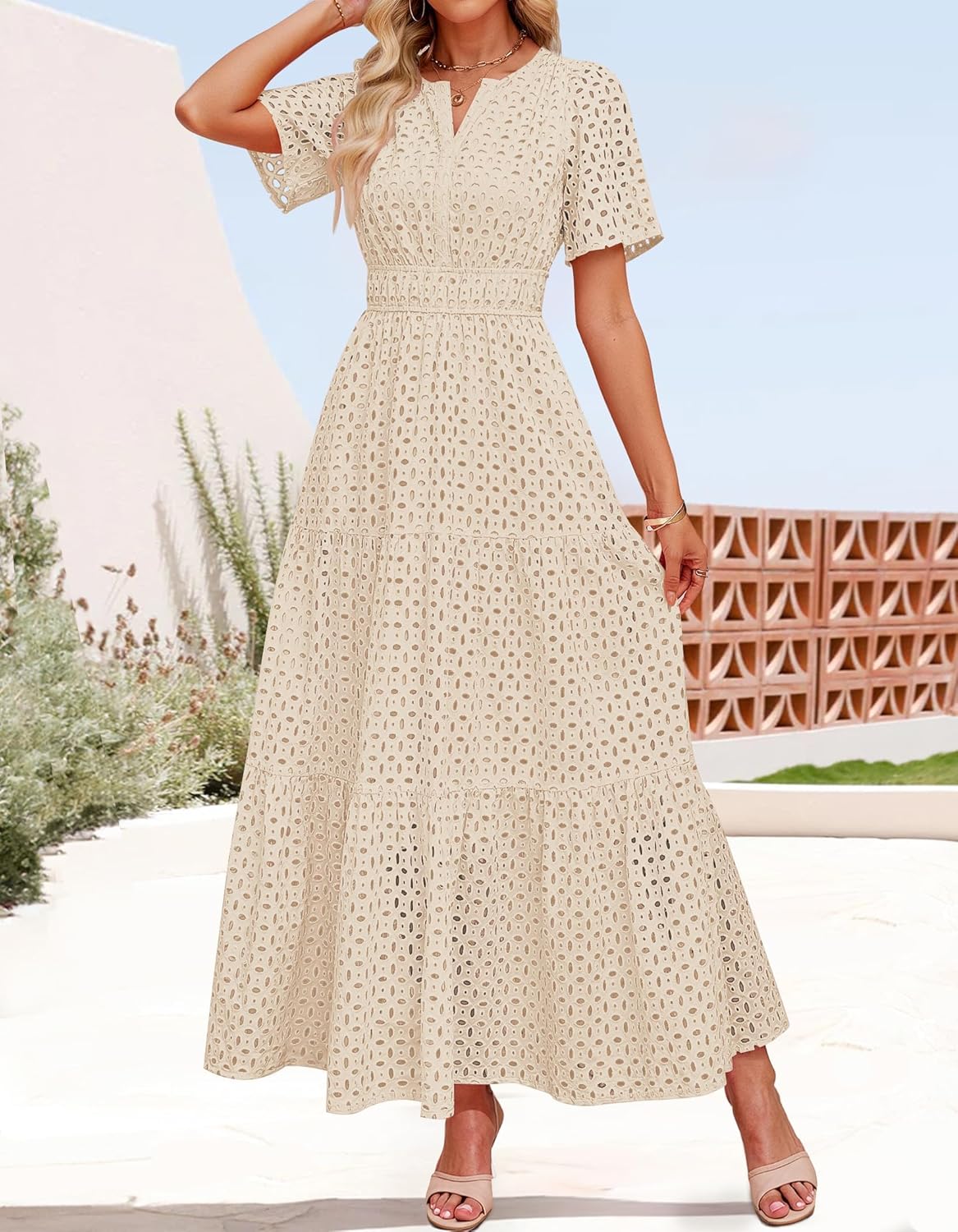 ZESICA Women's 2026 Summer Short Sleeve Maxi Dress Casual V Neck Hollow Out Eyelet Ruffle Swing A Line Long Dresses - Image 9