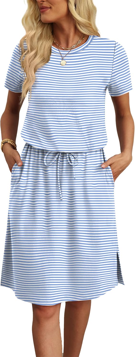 OFEEFAN Womens Summer Dresses Fashion Short Sleeve Crew Neck T Shirt Sundresses Casual Tie Waist with Pockets - Image 4