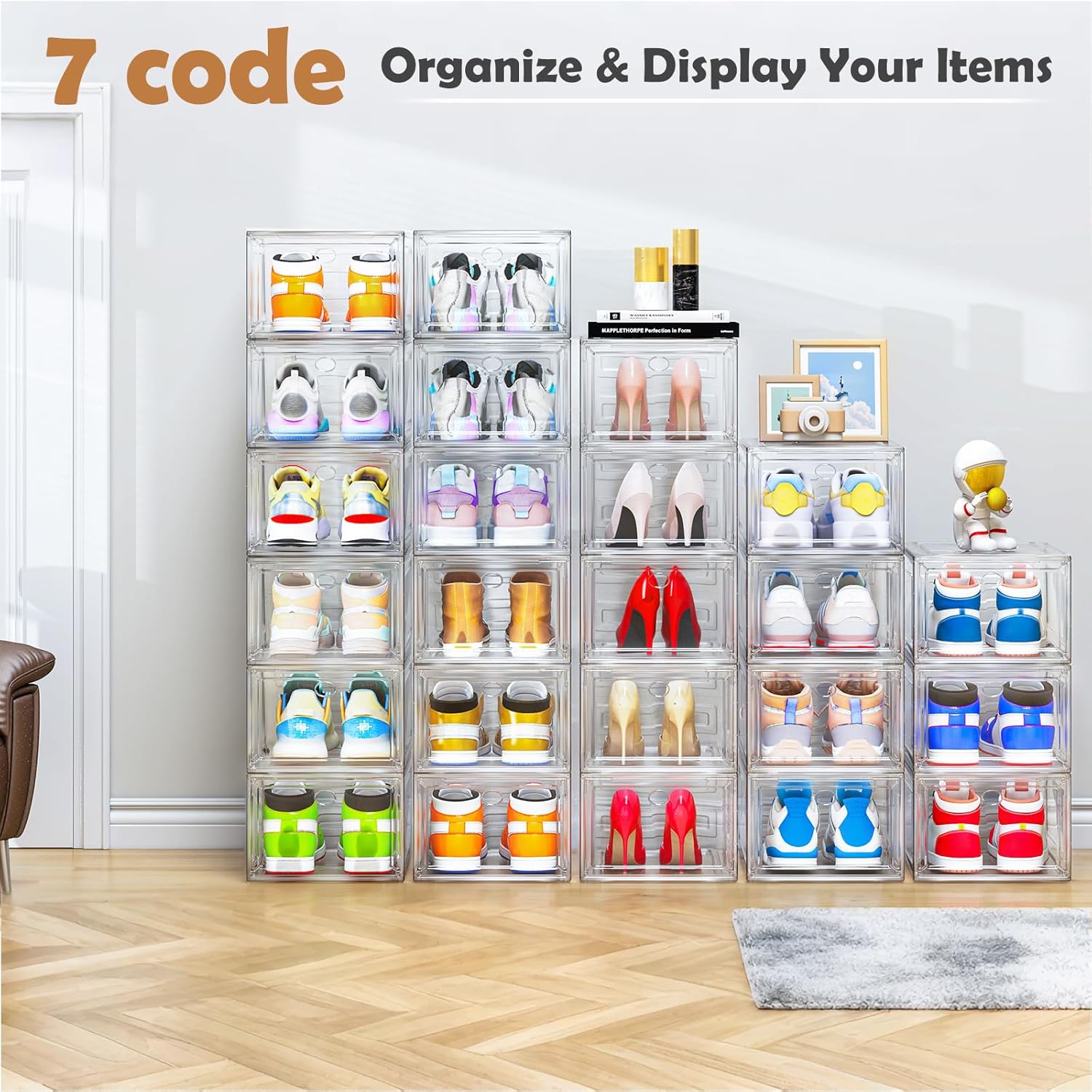7 code Large Clear Shoe Boxes Organizer【Thicker Material】 Stronger Shoe Box with Magnetic Door, Stackable Shoe Storage Box for Closet, Foldable Space-Saving Storage Bins Shoe Cabinet, White 9 Pack - Image 9