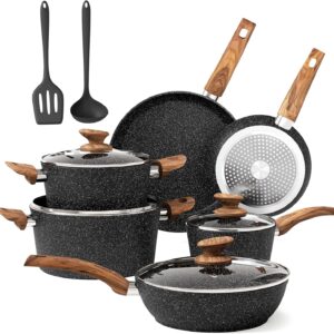 DishDelight Induction Pots and Pans Set Non Stick, 12 Piece Nonstick Kitchen Cookware Sets, Nonstick Granite Cooking Set Induction Pots and Pans, Induction Cookware Sets with Frying Pans, Black