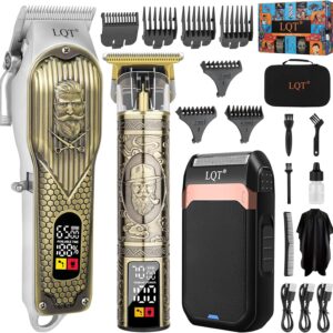 Cordless Hair Clippers Set for Men, Professional Hair and Beard Trimmer Kit with LED Display, Foil Shaver, Powerful Motor, Multiple Combs, Bronze, Grooming Gift for Him, Home and Salon,Barber Kit