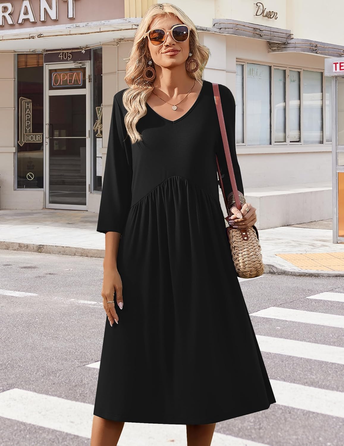 Zeagoo 3/4 Sleeve Women's Dress Casual Midi Tshirt Dresses with Pockets Empire Waist Summer Semi-Formal Boho Beach Sundress - Image 5