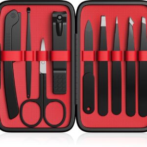 Yougai Tweezers Set,9 Pcs Professional Stainless Steel Tweezer Kit-Great Precision Eyebrow Tweezers for Ingrown Facial Hair with Leather Travel Case as Stocking Stuffing Gifts