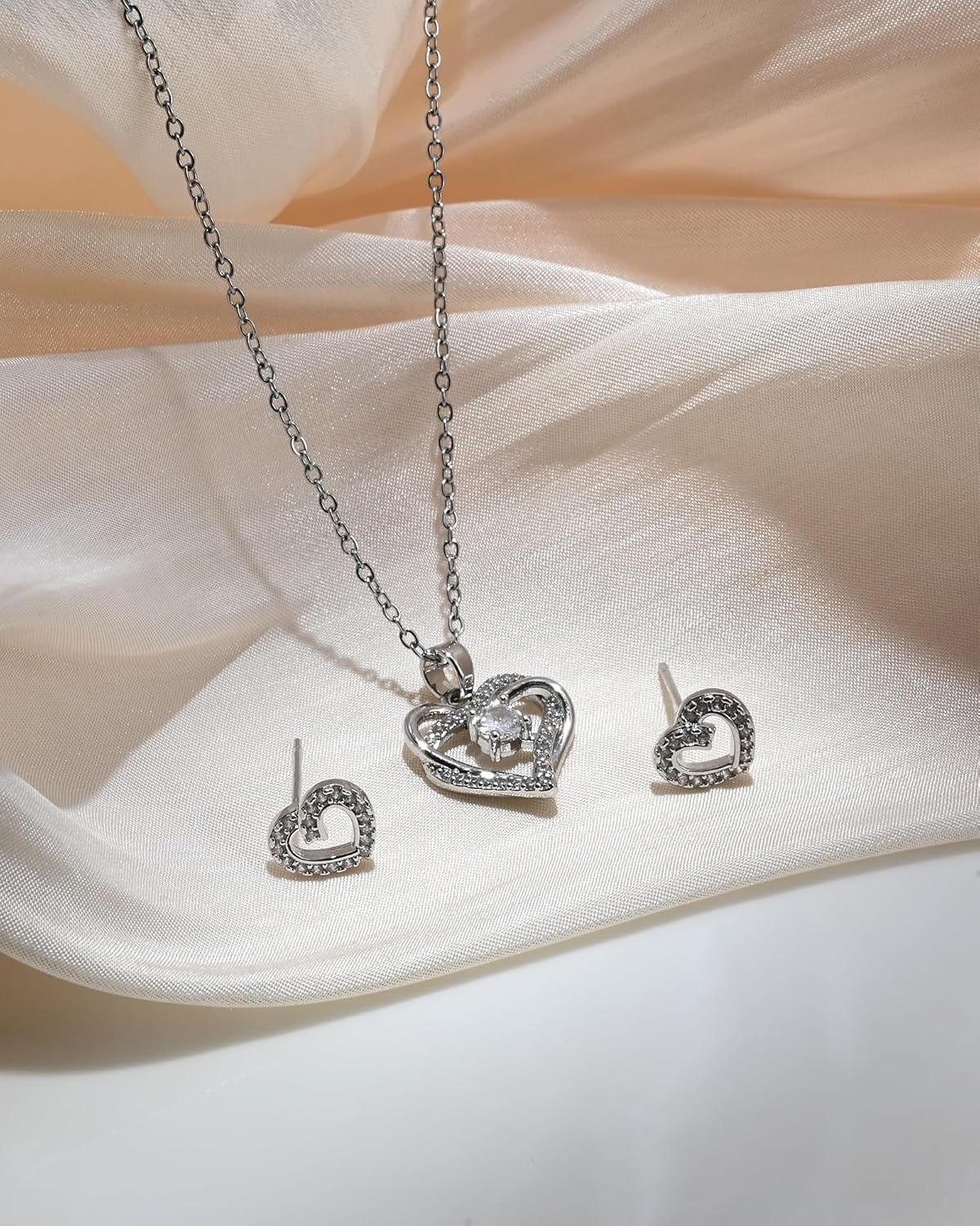 Silver Heart Shaped Jewelry Set Cubic Zirconia Heart Pendant CZ Adjustable Necklace and Simple Small Stud for Women - Image 5
