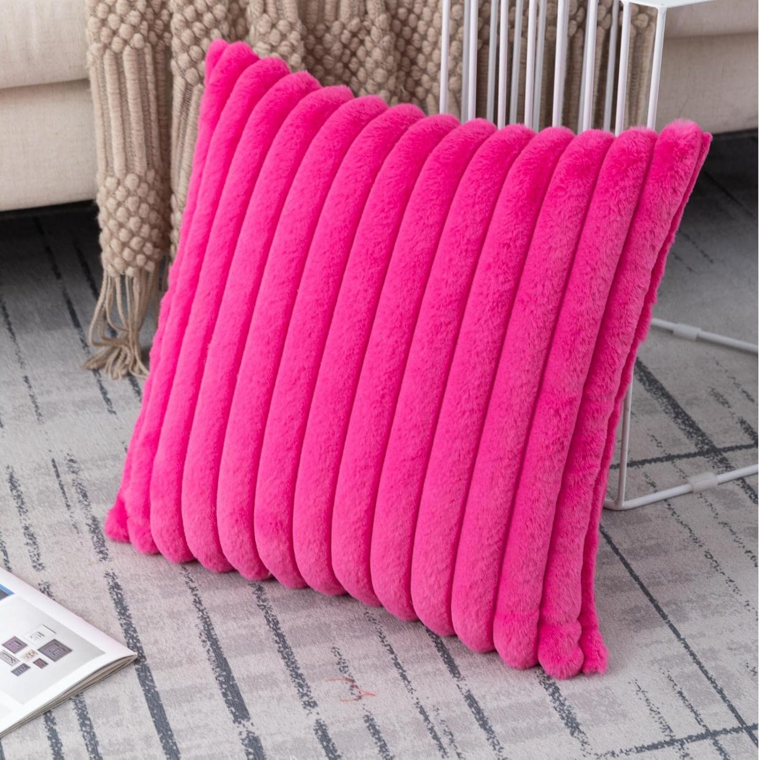 ZLINA Set of 2 Hot Pink Faux Fur Decorative Throw Pillow Covers Fluffy Striped Pillowcase Cushion Covers 18 x 18 Inch Decor Sofa Couch Bedroom - Image 6