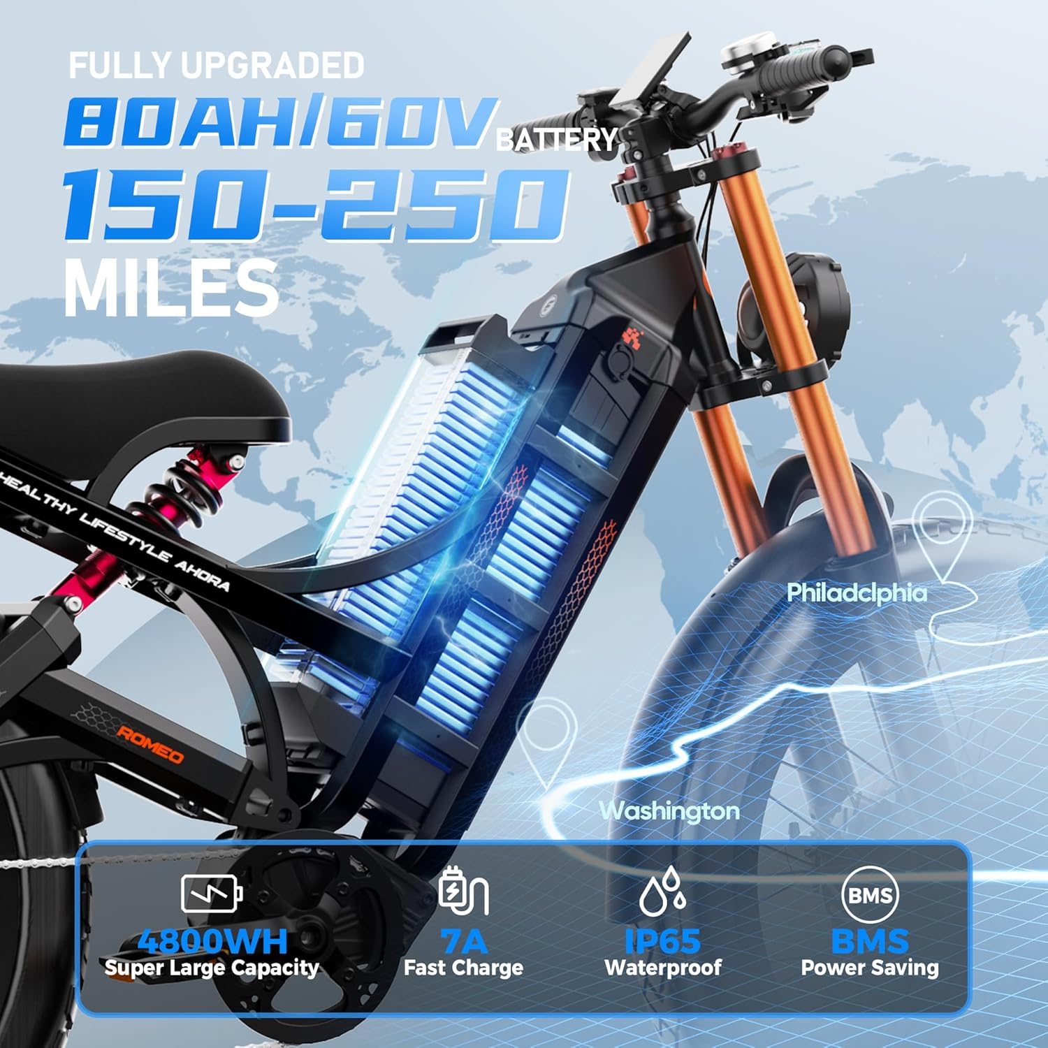 2026 eAhora Romeo Pro 3/2 50-46Mph Electric Bike for Adults 5600W/4000W Dual Motor Ebike 60V 80AH/52v 70Ah Battery 200-235Miles Long Range, 26*4.0" Fat Tire, Full Suspension, All Terrain, APP Control - Image 4