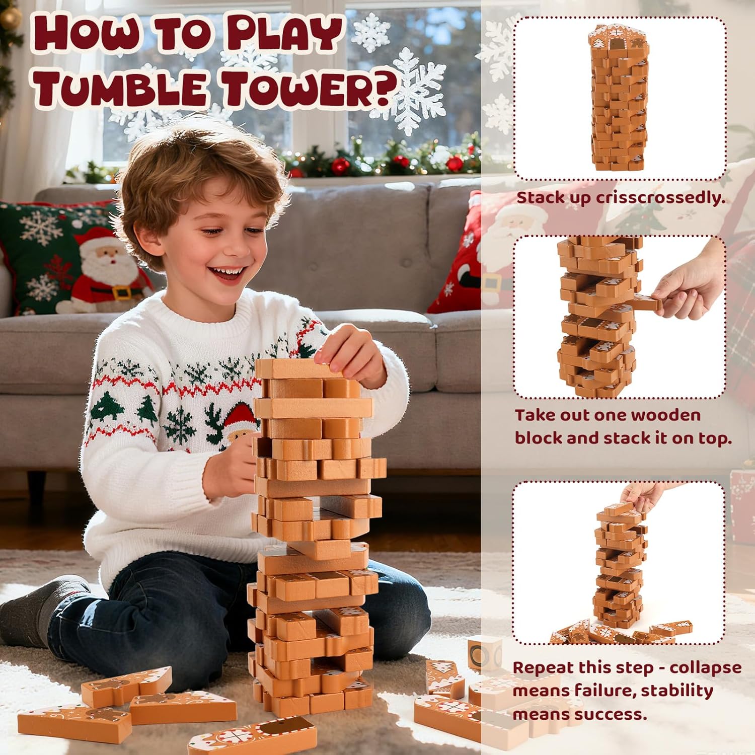 Christmas Wooden Blocks Stacking Games, Gingerbread House Theme Tumbling Tower and Balance Game for Adults, Kids, and Family Party, Stacking Board Toy with Storage Bag - Image 2