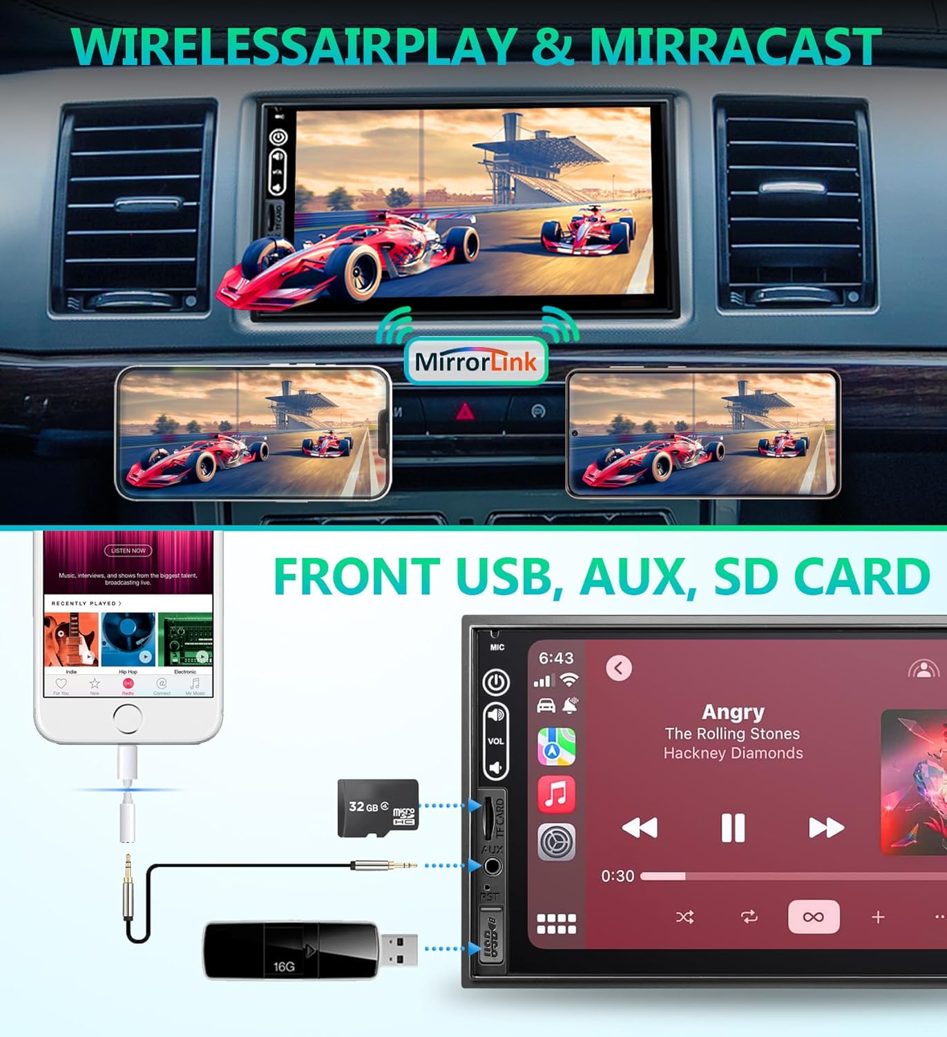 Double Din Car Stereo Compatible with Wireless Apple Carplay, Android Auto - 7" Touch Screen Car Audio Receiver with Bluetooth, AUX, FM Car Radio - Image 6