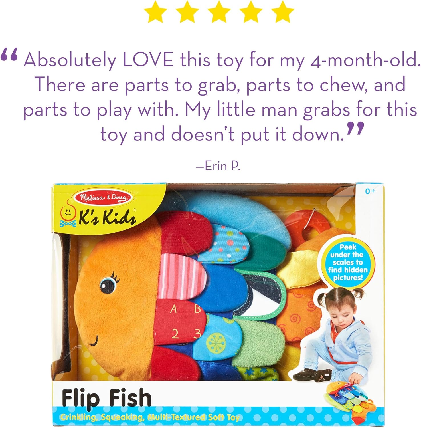 Melissa & Doug K’s Kids, Flip Fish Stuffed Animal, Soft Baby Book, Multi-Textured Squeaking & Crinkling Infant Sensory Toys for Babies with Baby Mirror, Tummy Time Toys for Infants Ages 0–9 Months - Image 9