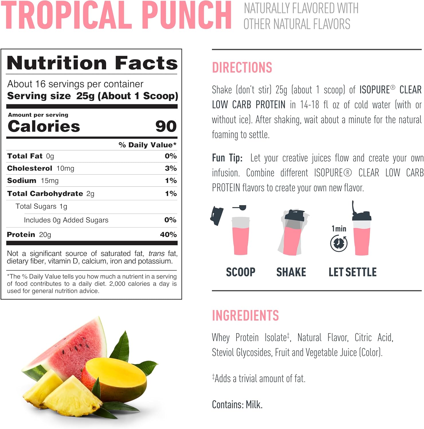 Isopure Clear Whey Isolate Protein Powder, Lactose Free, Gluten Free, Naturally Flavored, Tropical Punch, 20g Protein Per Serving, 14.1 Oz, 16 Servings (Packaging May Vary) - Image 7