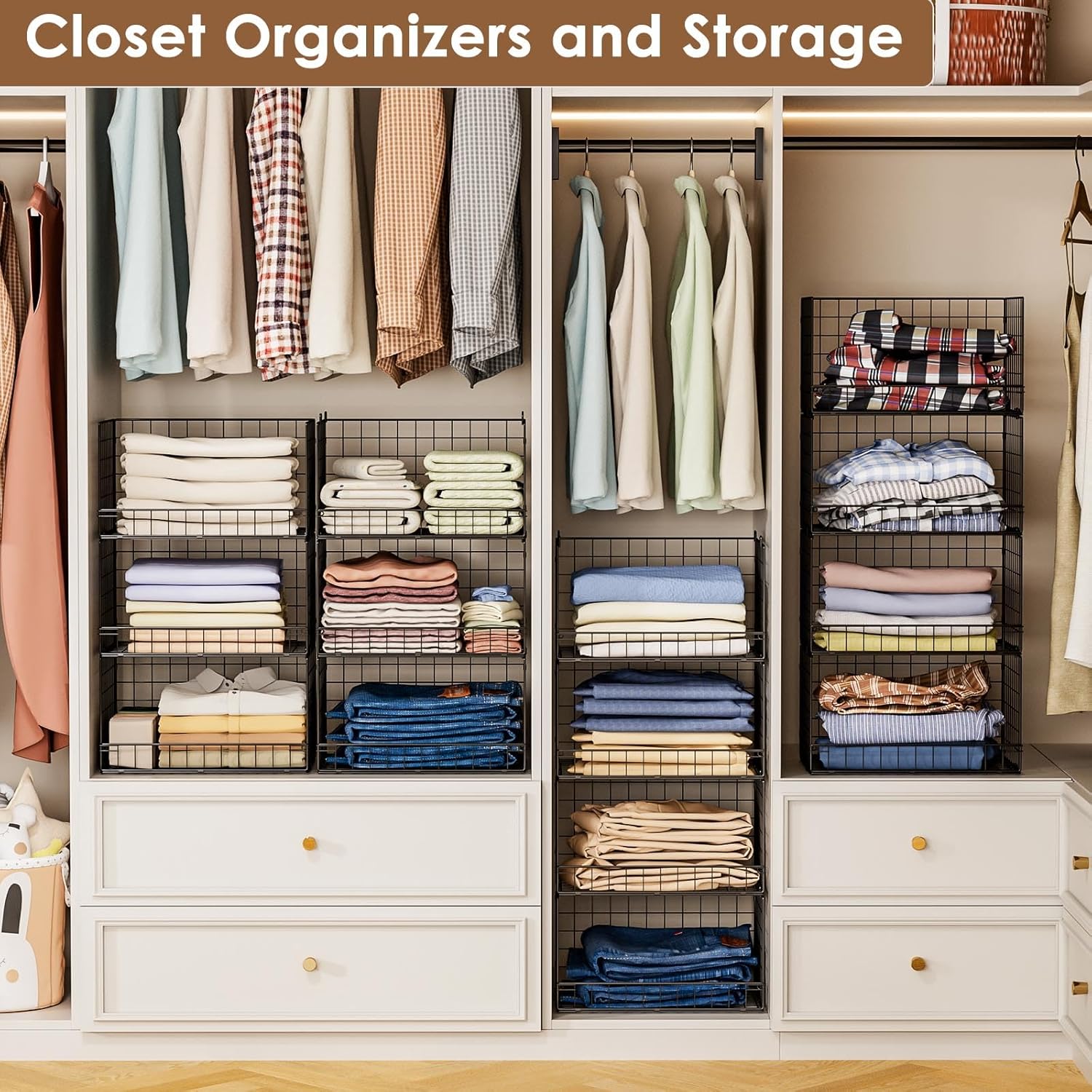 4-Tier Stackable Closet Organizers and Storage Shelves, Clothes Shelf Organizer Basket Bins, Foldable Sweater Storage for Closet Organizer System, Black (Patent Pending) - Image 5