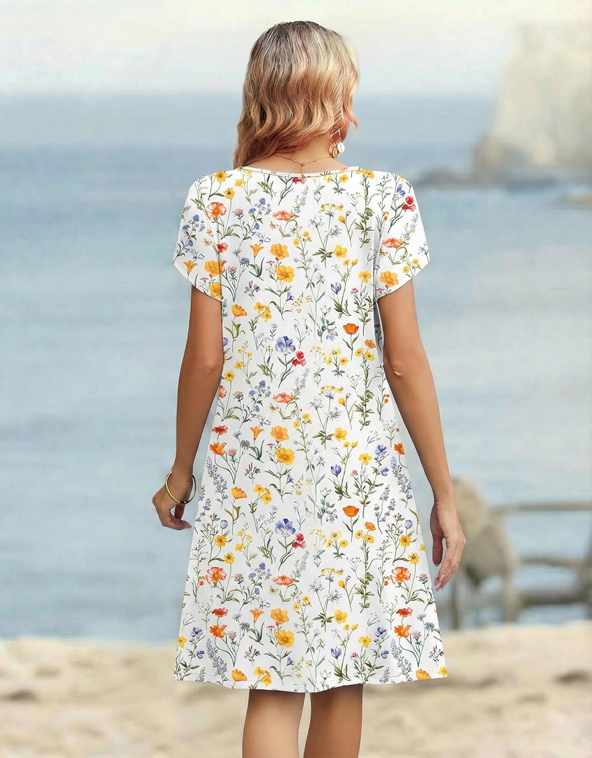 Zeagoo Women's Casual Dresses with Pockets Summer Floral V-Neck A-Line Tshirt Dress Short Sleeve Mini Dress Beach Sundress - Image 5