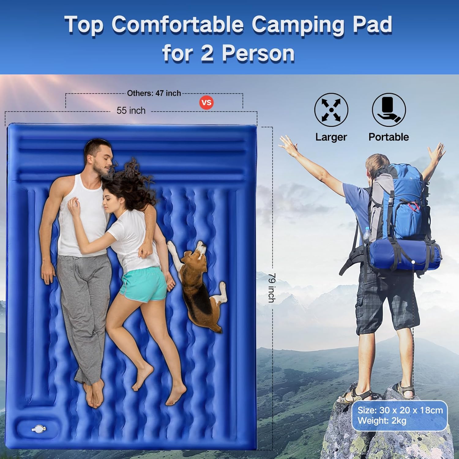 Double Sleeping Pad Camping, Self Inflating 6'' Extra-Thick 2 Person Pillow Built-in Foot Pump Waterproof Inflatable Sleeping Mat Backpacking, Tent, Hiking, Portable Camping Pad (Navy Grey) - Image 3