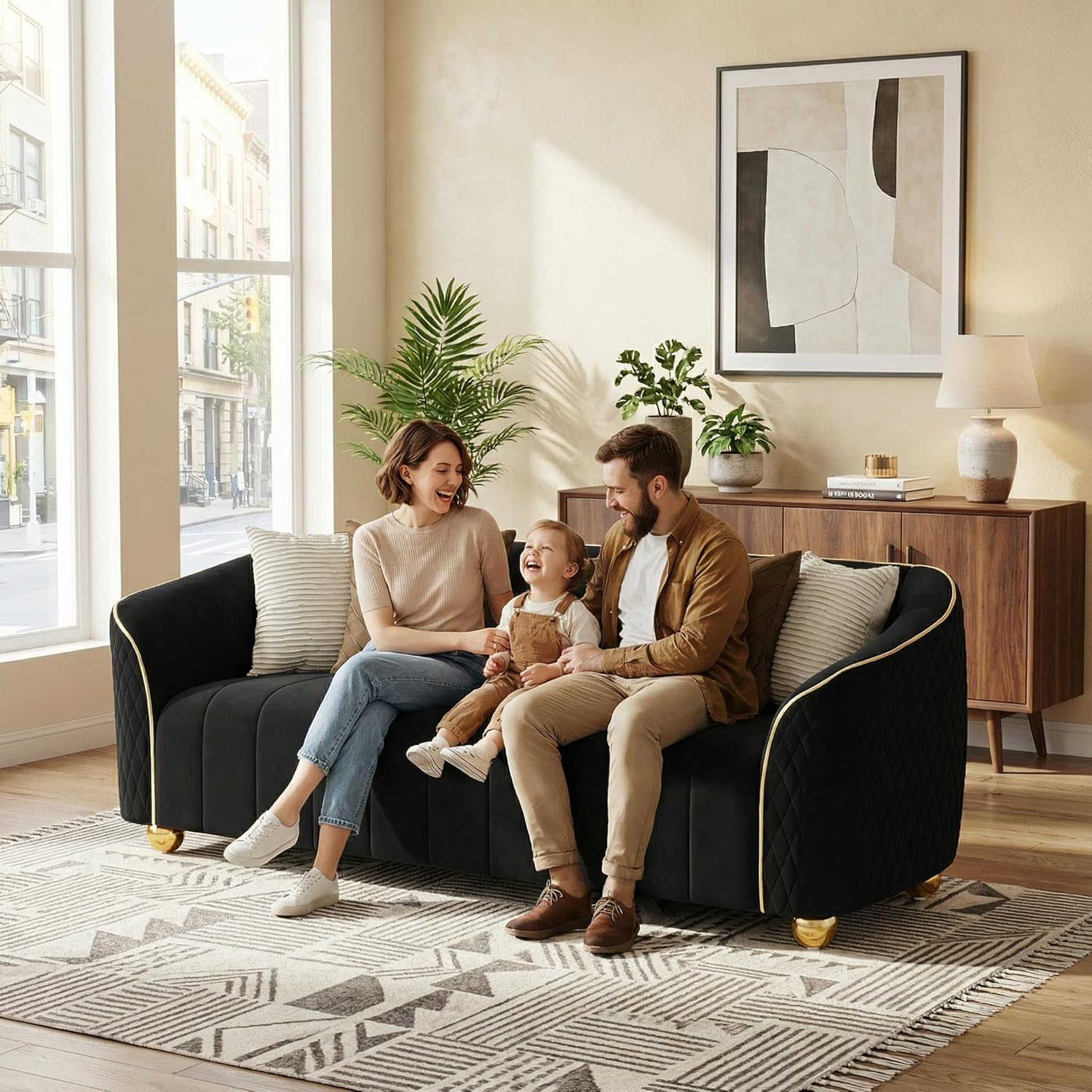 3-Piece Velvet Sofa Set - 85" 3-Seater Sofa & 2 Upholstered Armchairs, Modern Plush Spring Cushions, Solid Wood Frames, Spacious Deep Seats for Family Room & Office (Black, 1S+1S+3S) - Image 8