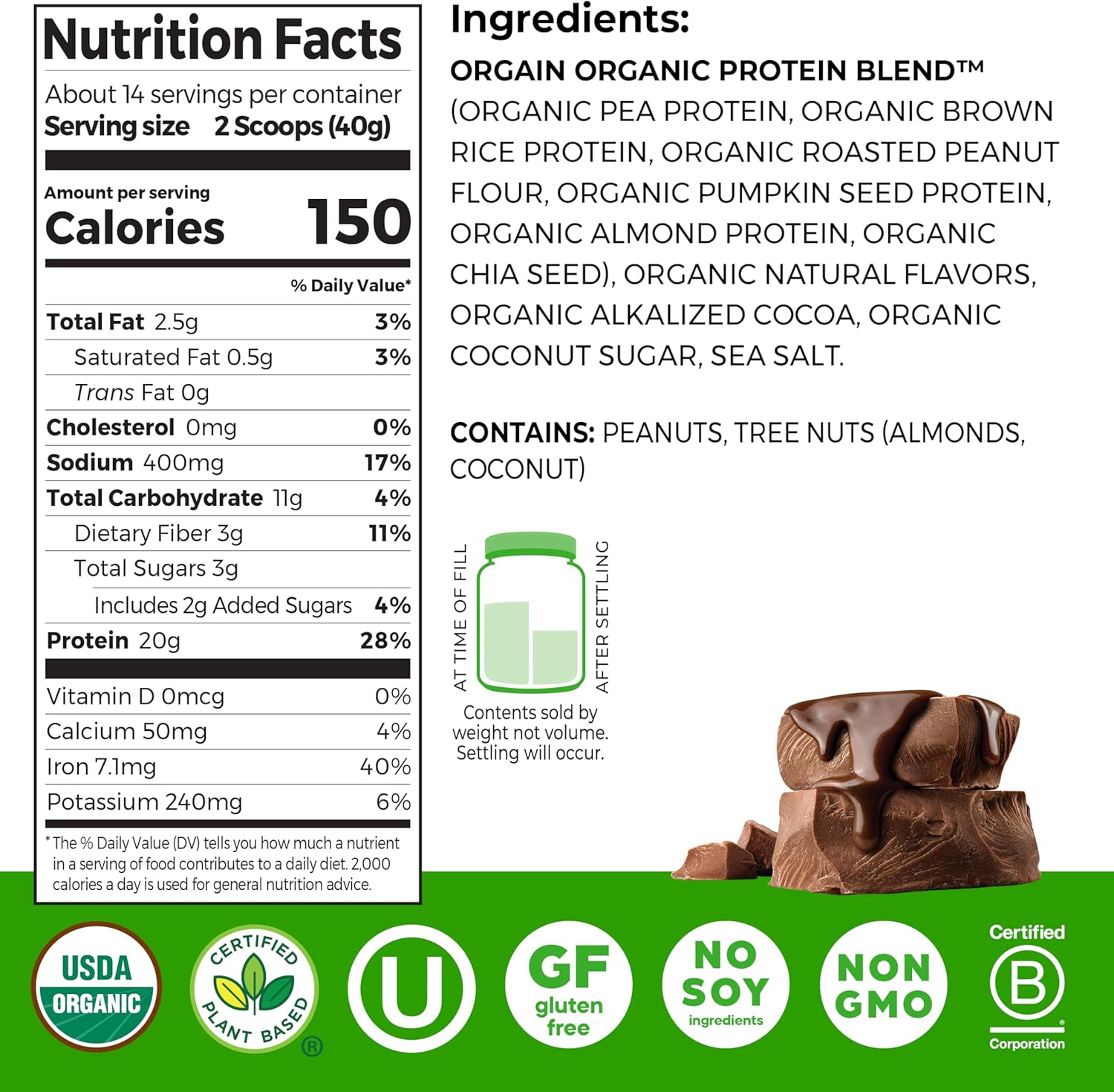 Orgain Organic Simple Vegan Protein Powder, Chocolate - 20g Plant Based Protein, Made with less Ingredients, No Artificial Sweeteners, Gluten Free, No Dairy or Lactose, 1.25 lb (Packaging May Vary) - Image 2