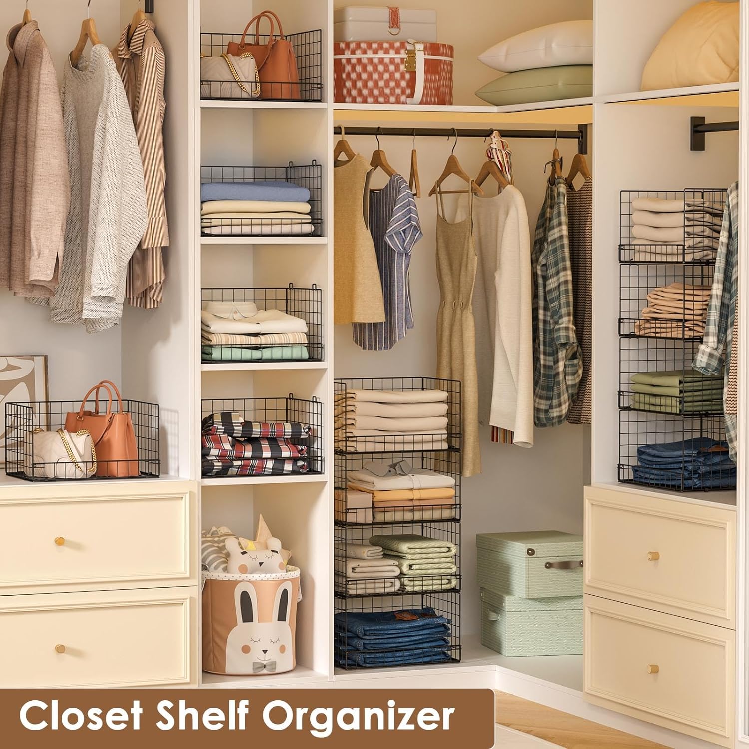 4-Tier Stackable Closet Organizers and Storage Shelves, Clothes Shelf Organizer Basket Bins, Foldable Sweater Storage for Closet Organizer System, Black (Patent Pending) - Image 6