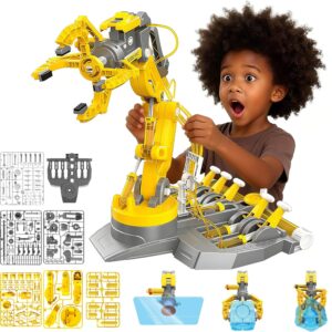SMIESSKIDDO 3 in 1 Hydraulic Robot Arm – 220 Pcs STEM Building Toys with 4-Jaw Grab, Suction & Tongs for Kids 8-12 | No Batteries Needed Engineering Gift for Boys & Girls Ages 9 10 11 – Yellow