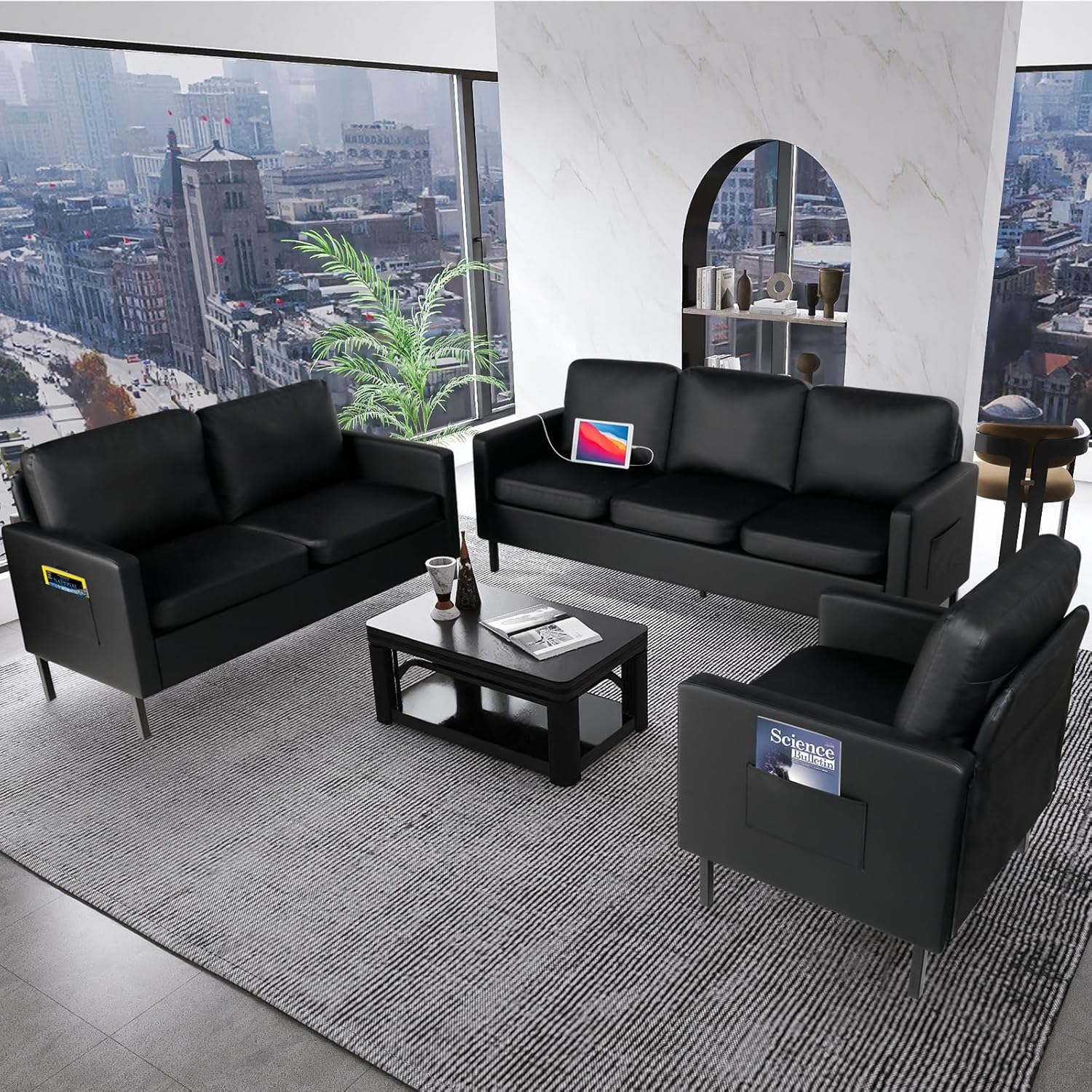 STHOUYN 3 Piece Living Room Furniture Sets, 3 Seat Couch and Loveseat with 2 USB, Single Sofa Accent Chair, Modern Small Couches for Small Spaces (Black 1+2+3) - Image 7