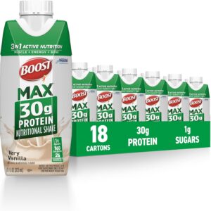 BOOST MAX Protein Shakes Ready to Drink – 30g High Protein Shake – Vanilla | Nutritional Drinks to Support Muscle Recovery After Exercise, 26 Vitamins & Minerals, 1g Sugar, 11 fl oz (Pack of 18)