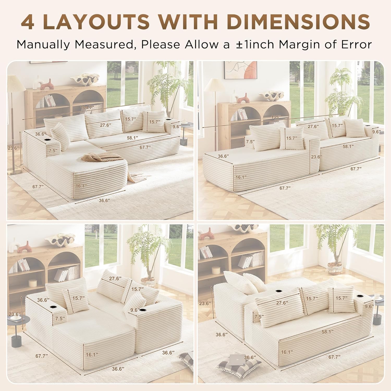 Modular Compressed Sectional Sofa Set – Velvet Corduroy Upholstery, Convertible Couch with Cup Holders and Pillows for Living Room, Beige - Image 4