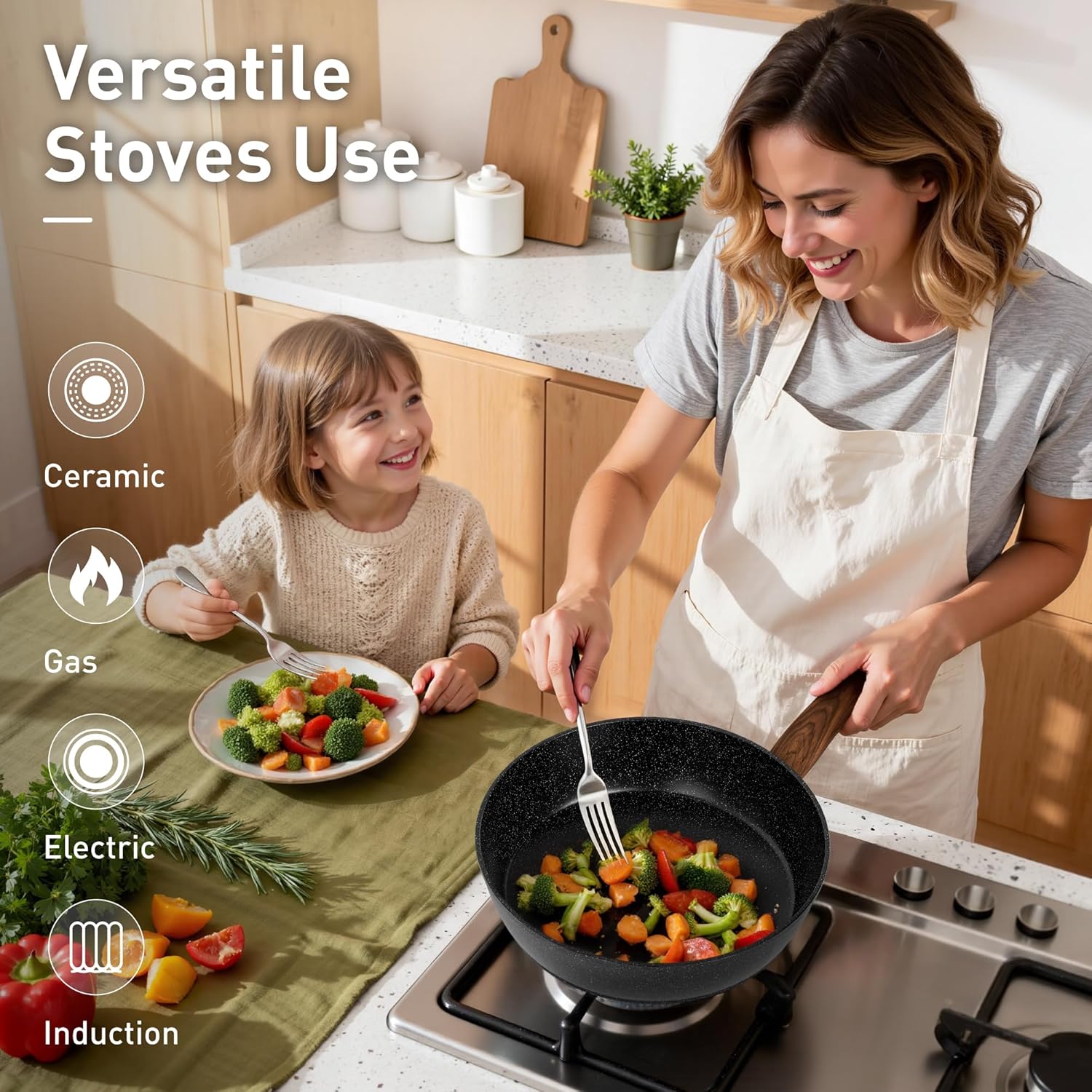 DishDelight Induction Pots and Pans Set Non Stick, 12 Piece Nonstick Kitchen Cookware Sets, Nonstick Granite Cooking Set Induction Pots and Pans, Induction Cookware Sets with Frying Pans, Black - Image 5