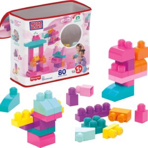 MEGA BLOKS First Builders Toddler Blocks Toys Set, Big Building Bag Collection with 80 Pieces and Storage, Pink, Ages 1+ Years