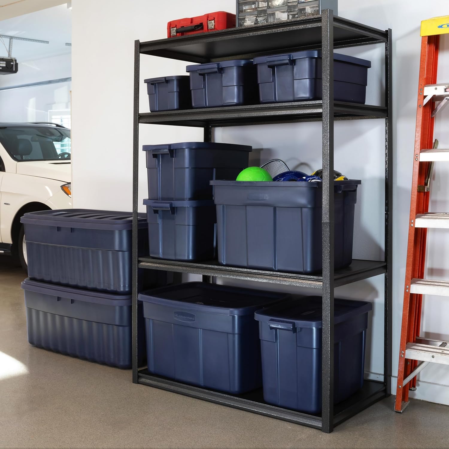 Rubbermaid Roughneck Tote 18 Gal, 6 Pack, Made in USA, Dark Indigo Metallic, Rugged Plastic Stackable Storage Bins with Lids and Handles - Image 5