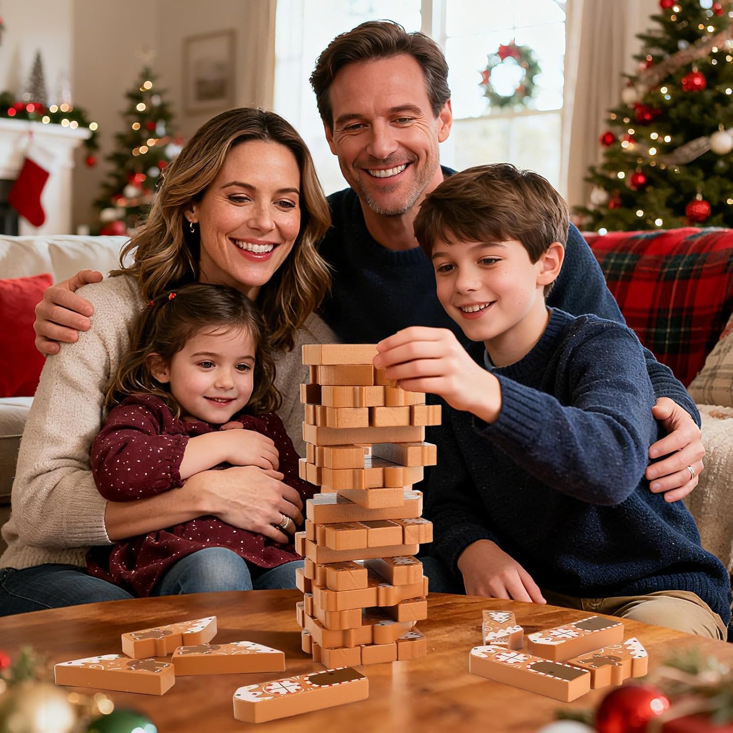 Christmas Wooden Blocks Stacking Games, Gingerbread House Theme Tumbling Tower and Balance Game for Adults, Kids, and Family Party, Stacking Board Toy with Storage Bag - Image 5