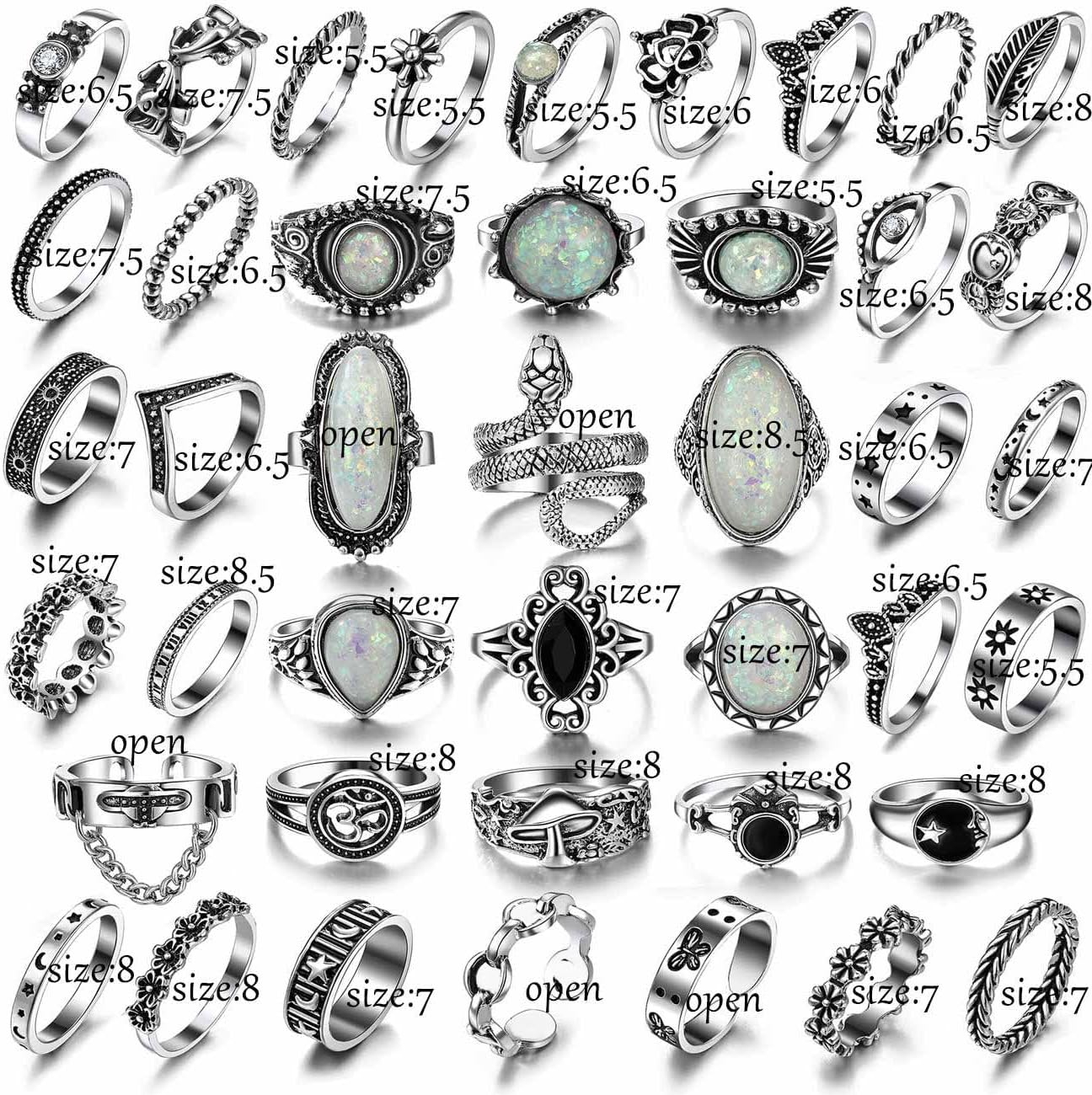 17IF Vintage Silver Knuckle Rings Set for Women Men, Chunky Rings Aesthetic Snake Grunge Stackable Gothic Ring Adjustable Y2K Punk Bulky Boho Finger Alt of Rings, Stacking Fairy Skull Frog Heart Star Flower Midi Ring Pack - Image 7