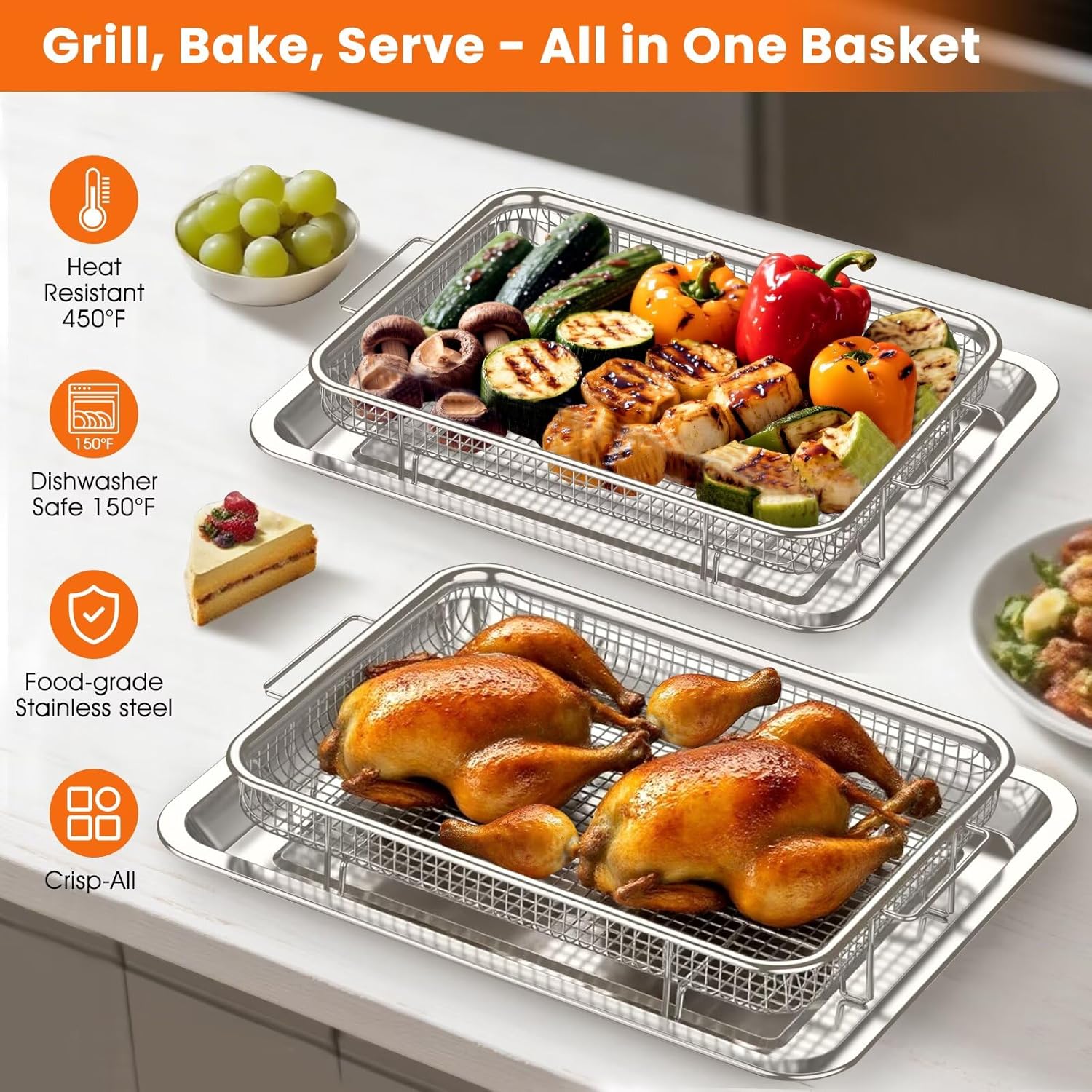 Air Fryer Basket for Oven, 2 Set Stainless Steel Pan & Crisper Tray (15"x11" &12.8"x9.7") with 60 Parchment Papers, Family-Size Non-Stick Oven Basket for Baking Chicken, Fries, Dishwasher Safe - Image 6