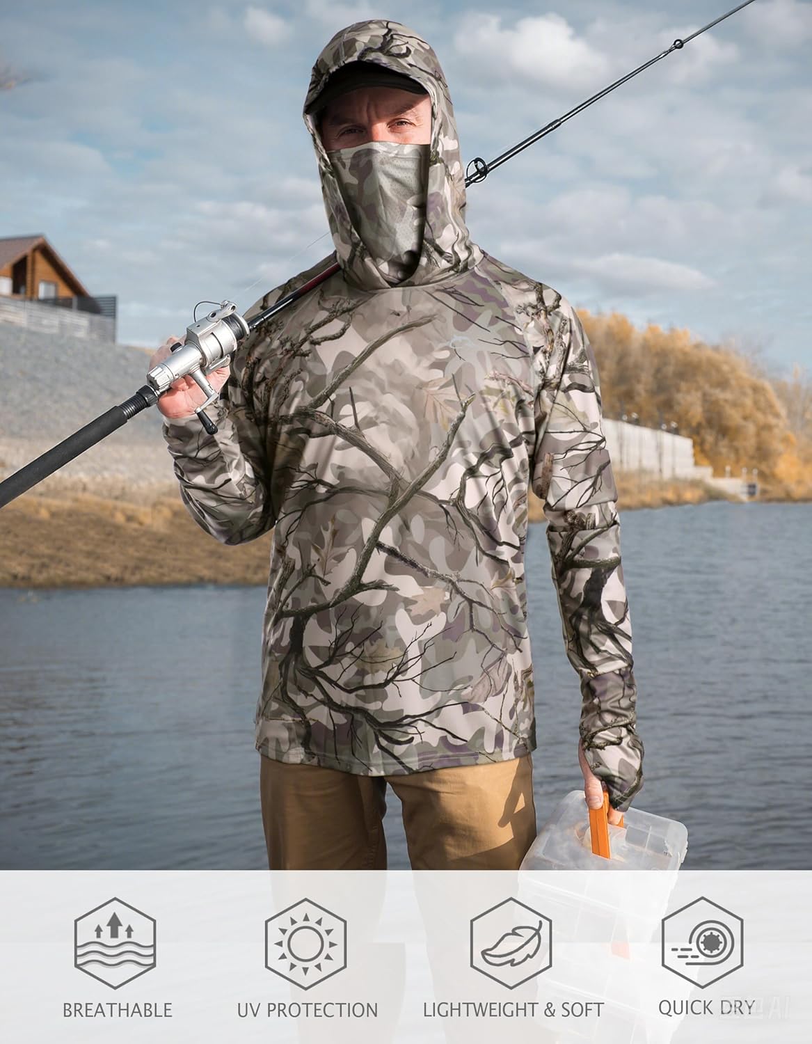 FISHEAL Men's Hunting Shirts with Mask - UPF 50+ Camo Long Sleeve Fishing Hoodie Shirt with Adjustable Drawstring - Image 4