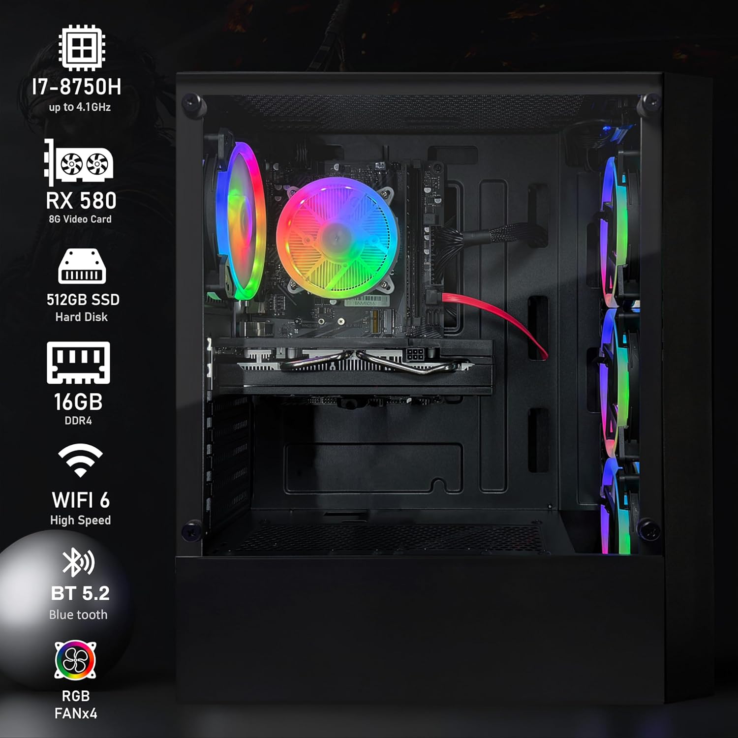 STGAubron Gaming PC Computer Desktop, Radeon RX 580 8G, Intel Core I7 8th up to 4.10 GHz, 16G DDR4, 512G SSD, WiFi 6 & BT 5.2, RGB Fan x4, Windows 11 Home - Image 3