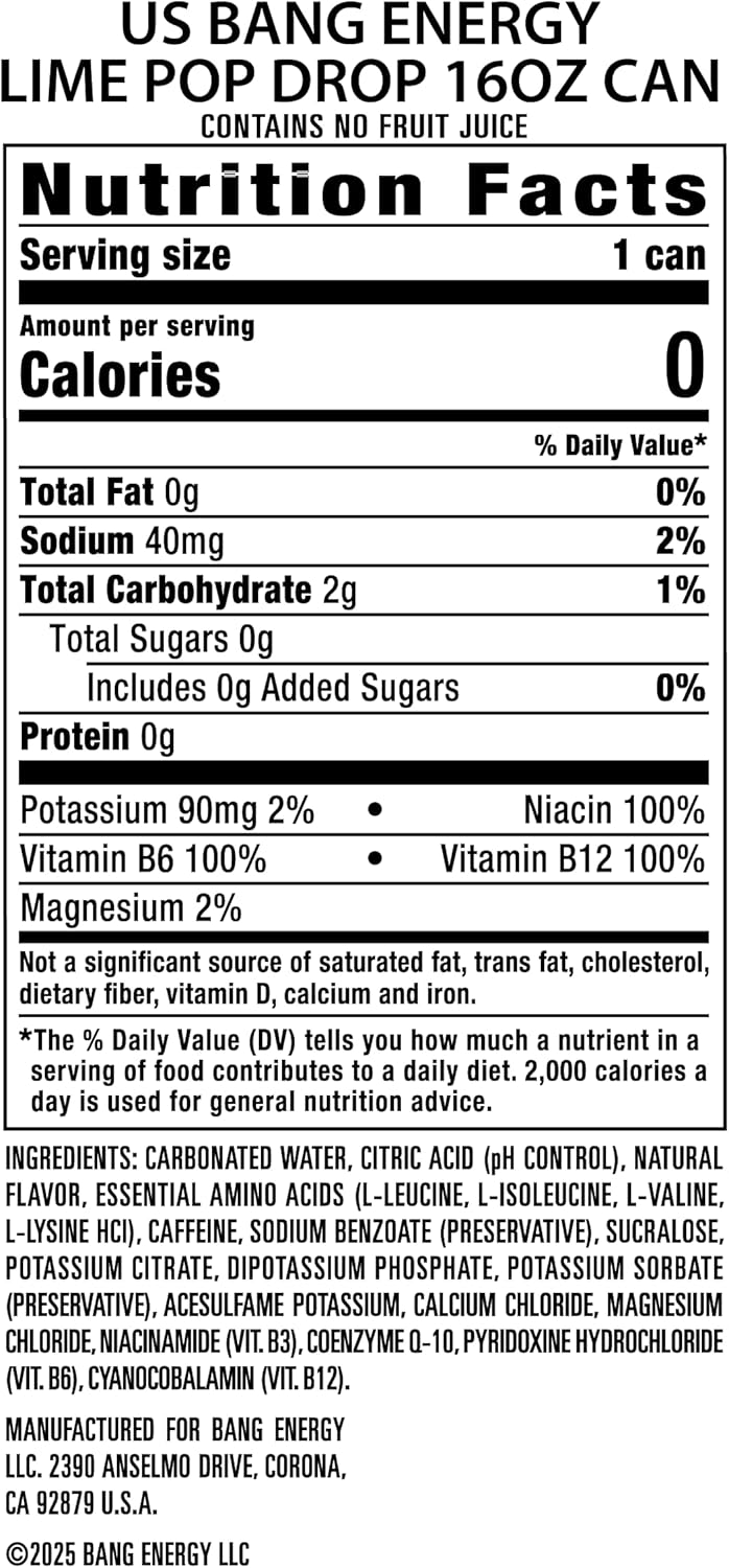Bang Energy Lime Pop Drop, Sugar-Free Energy Drink, 16-Ounce (Pack of 12) - Image 4