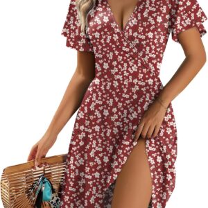 Zeagoo Womens Summer Sundress Ruffle Short Sleeve Casual Dresses V Neck Floral Wrap A-Line Party Dress with Pockets
