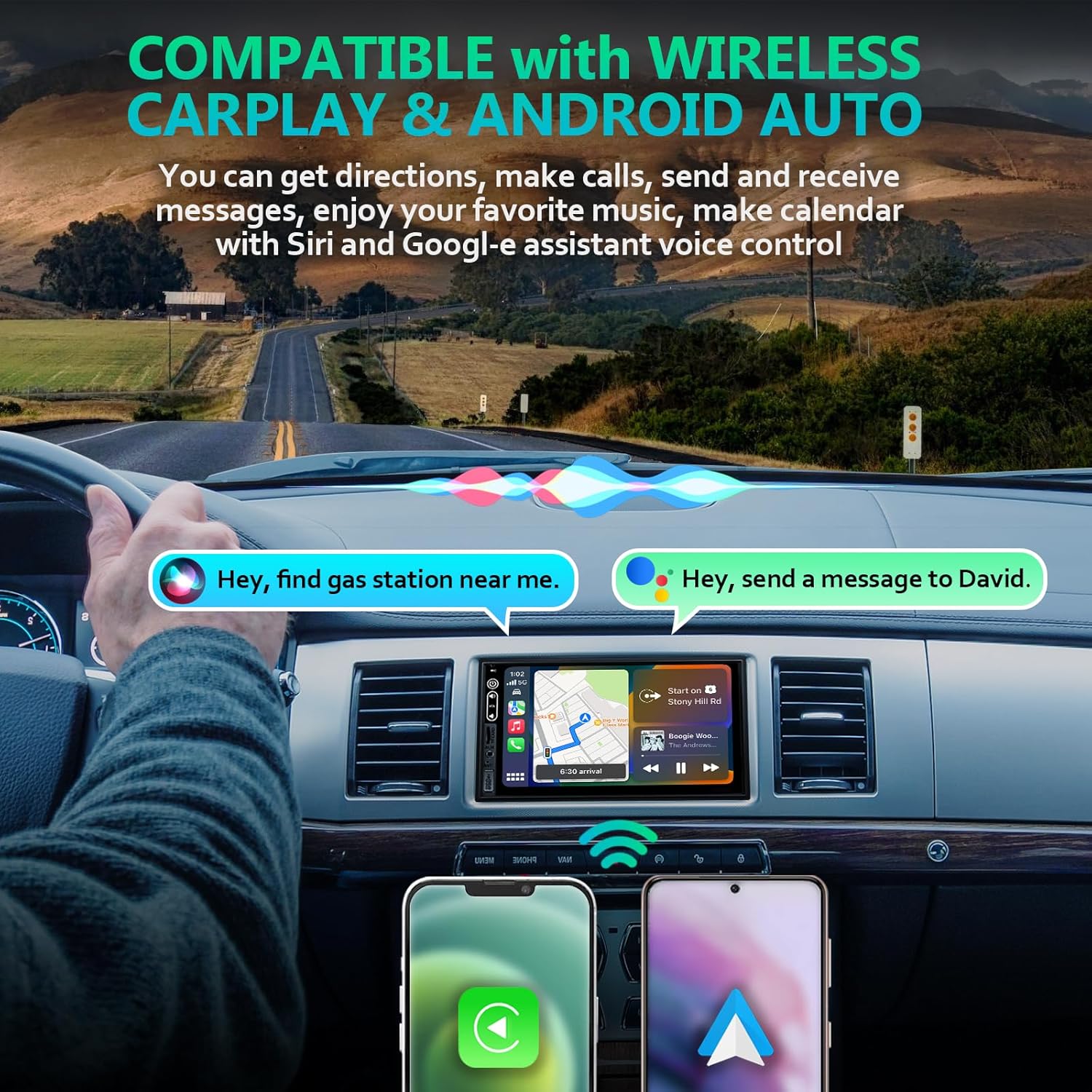 Double Din Car Stereo Compatible with Wireless Apple Carplay, Android Auto - 7" Touch Screen Car Audio Receiver with Bluetooth, AUX, FM Car Radio - Image 2