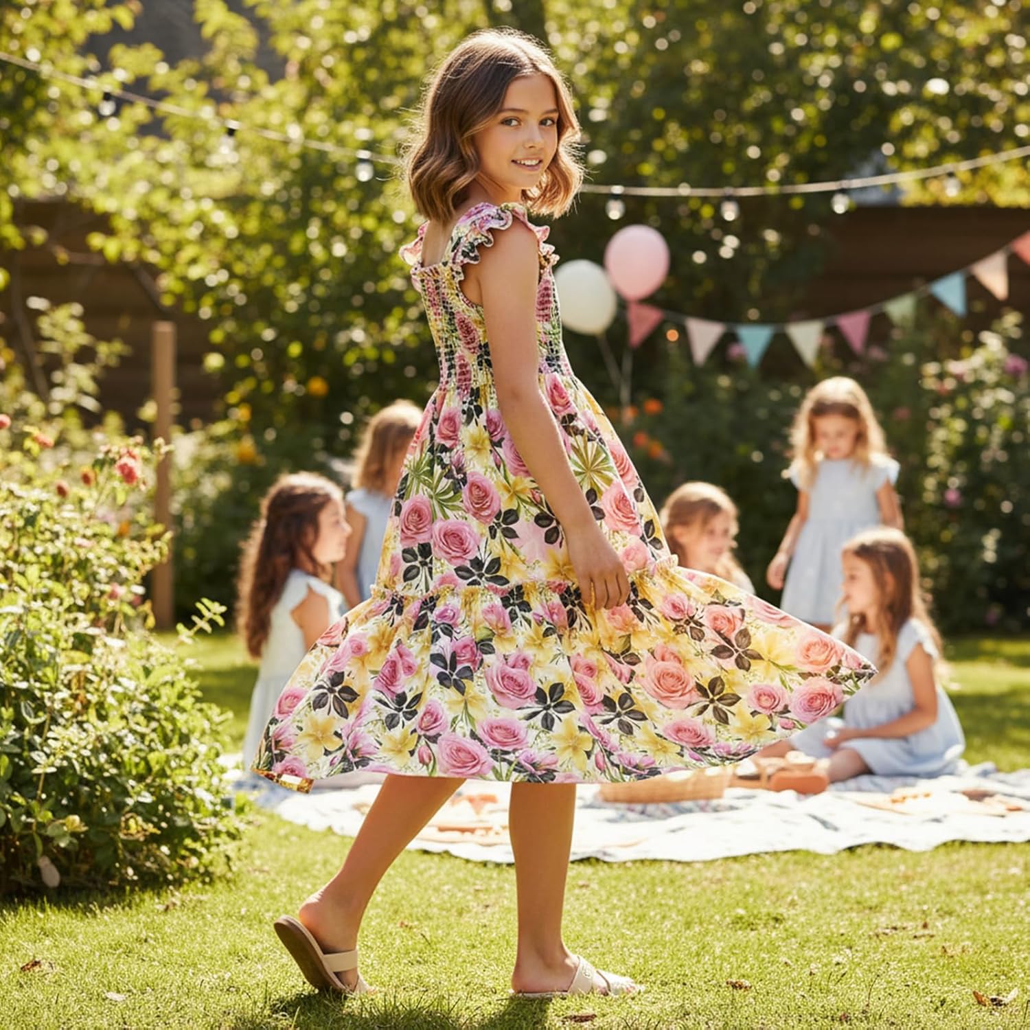 Pink Rose Floral Ruffle Sleeve Girls' Dress - Smocked Boho Tiered Toddler Dress - Image 5