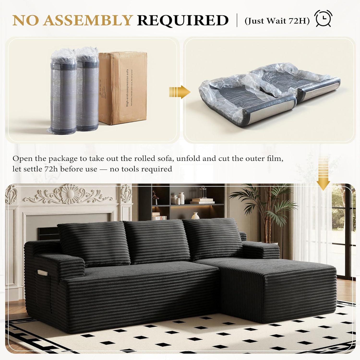 96" Sectional Couches for Living Room Cloud Couch Sofa with L-Shape Upholstered Boneless Couchs Modern Modular Sectional Couch with Chaise (Black, 96" W+Right Facing Chaise+2Seaters) - Image 5