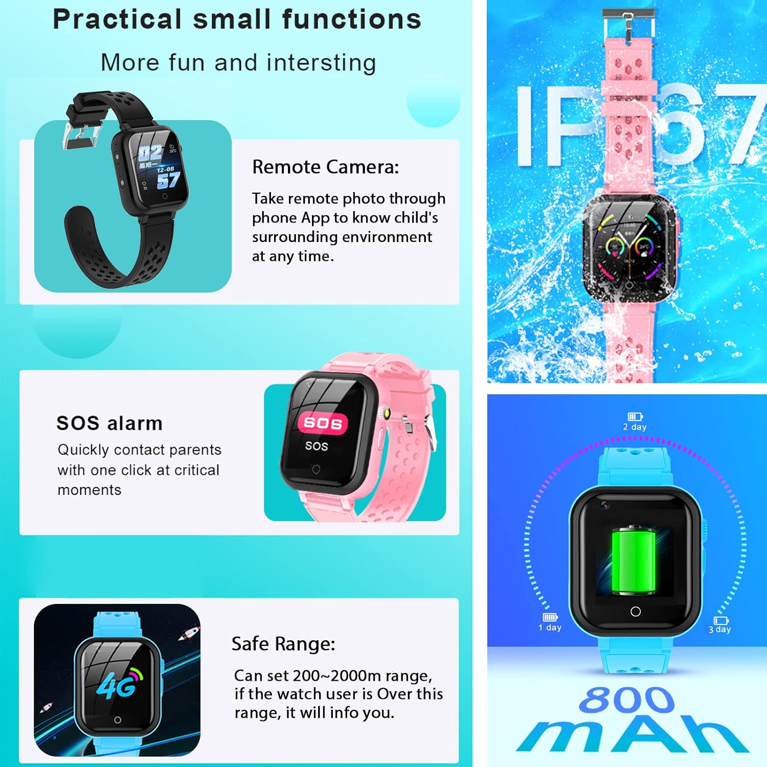 Smart Watch for Kids, 4G Kids Phone Smartwatch with GPS Tracker, WiFi SMS, Call, Voice Video Chat, Bluetooth, Audio Recording, Alarm, Pedometer, Wrist Watch for 4-16 Boys Girls Birthday Gifts - Image 7