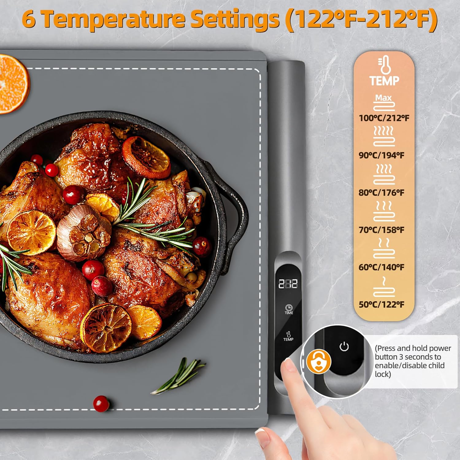 Graphene Warming Mat for Food - Fast Full Surface Heating, Extra Large (XXL 36”x 16") Electric Warming Trays for Buffets Party Countertop with 6 Temp & Timer Settings, Gifts for Mom Wife, Gray - Image 4