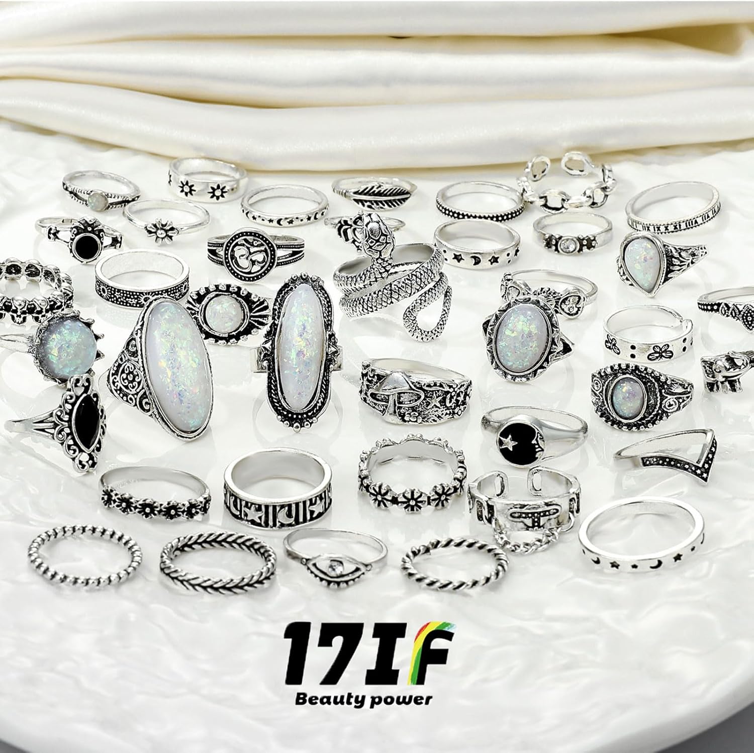 17IF Vintage Silver Knuckle Rings Set for Women Men, Chunky Rings Aesthetic Snake Grunge Stackable Gothic Ring Adjustable Y2K Punk Bulky Boho Finger Alt of Rings, Stacking Fairy Skull Frog Heart Star Flower Midi Ring Pack - Image 3