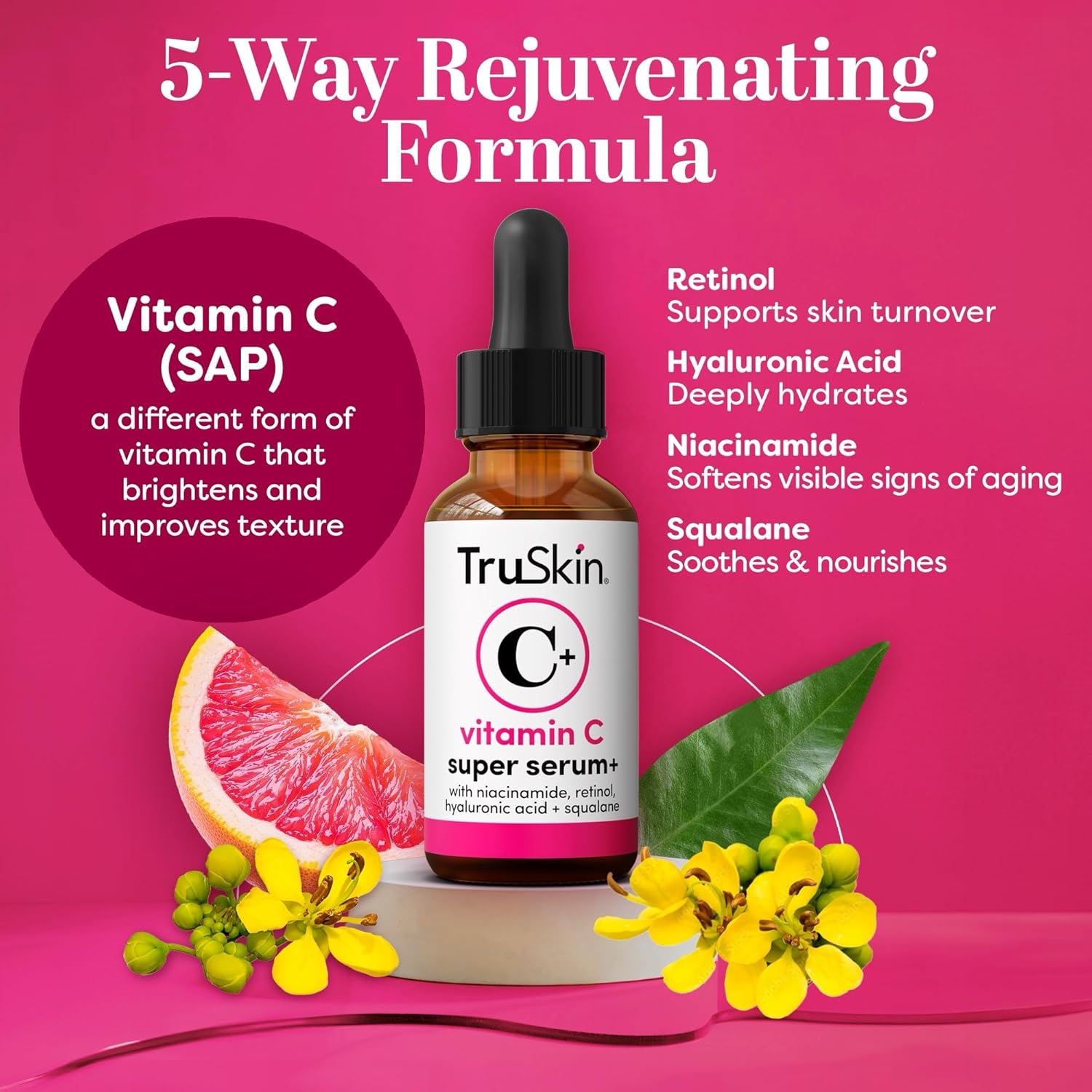 TruSkin Vitamin C Super Serum for Face - Five Skin Benefits in One Serum with Vitamin C, Retinol, Niacinamide, Hyaluronic Acid & Squalane - Brighten, Firm & Smooth the Look of Skin - 1 fl oz - Image 2