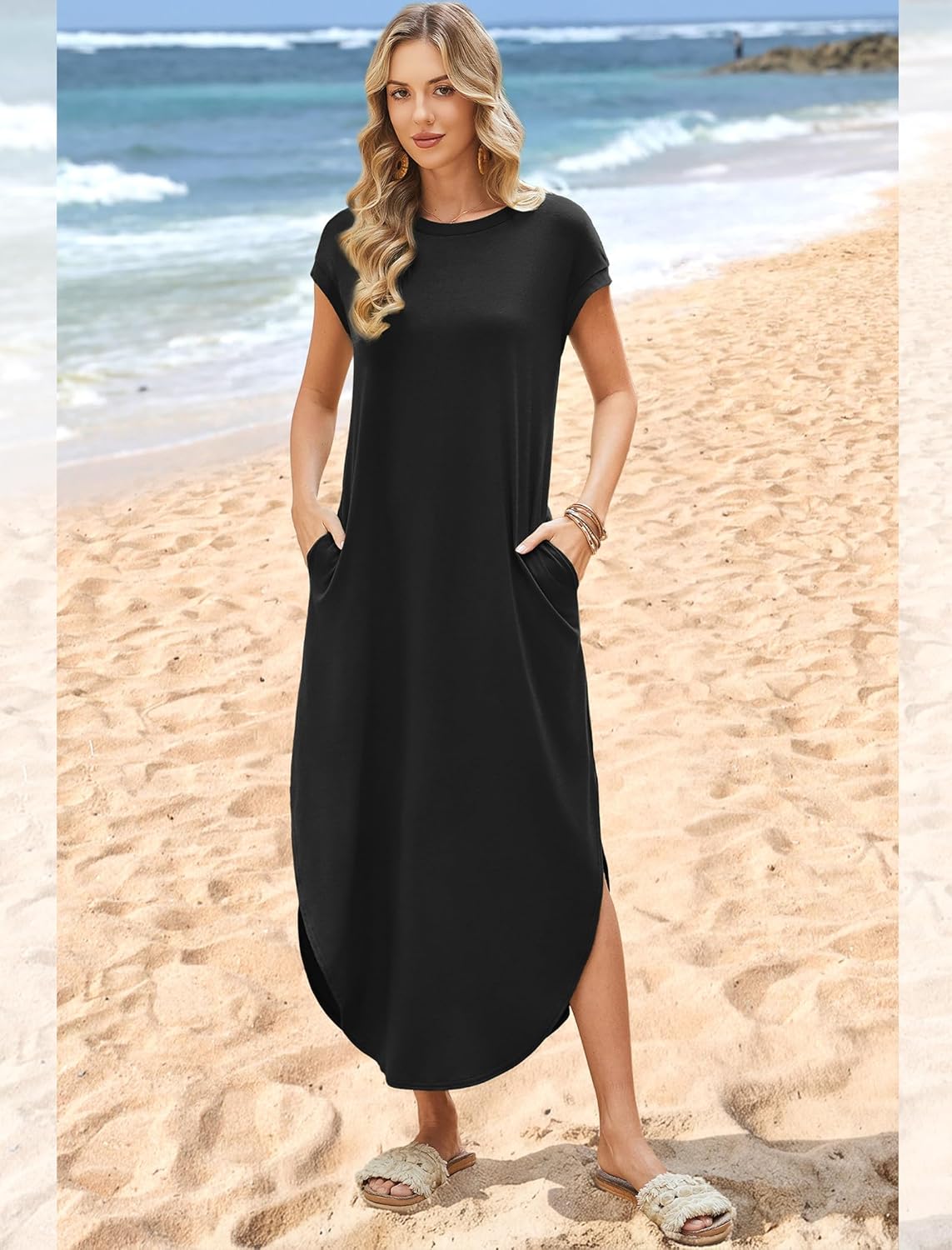 WIHOLL Summer Dresses Cap Sleeve Crewneck Maxi Long Casual Dress with Pockets Beach Vacation Sundresses 2026 Trendy - Image 3
