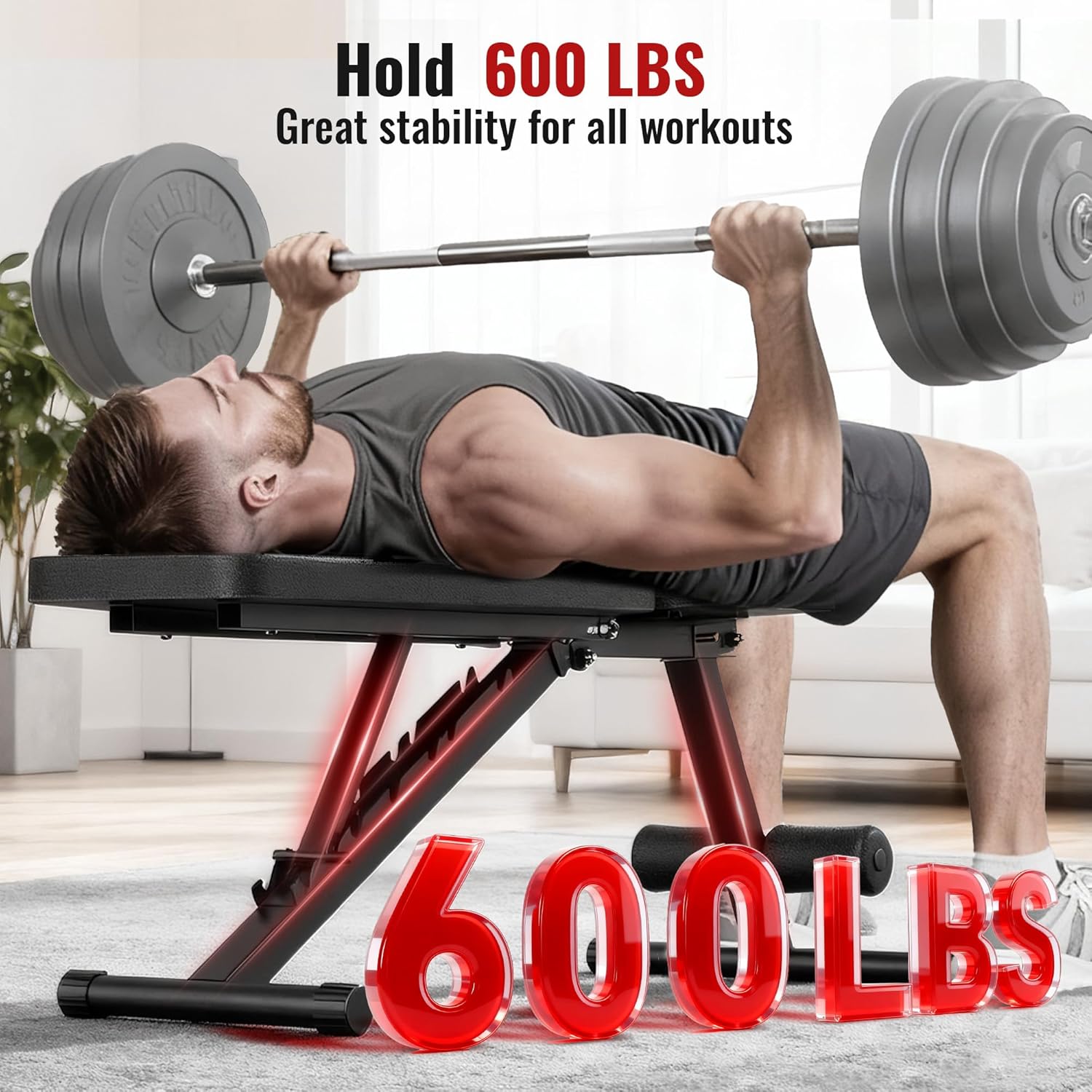 Adjustable Weight Bench for Home Gym Dumbbell Exercise, 600LBS Stable Incline Decline Flat Bench for Full Body Workout, Foldable Workout Bench with Resistance Bands for Bench Press Strength Training - Image 2