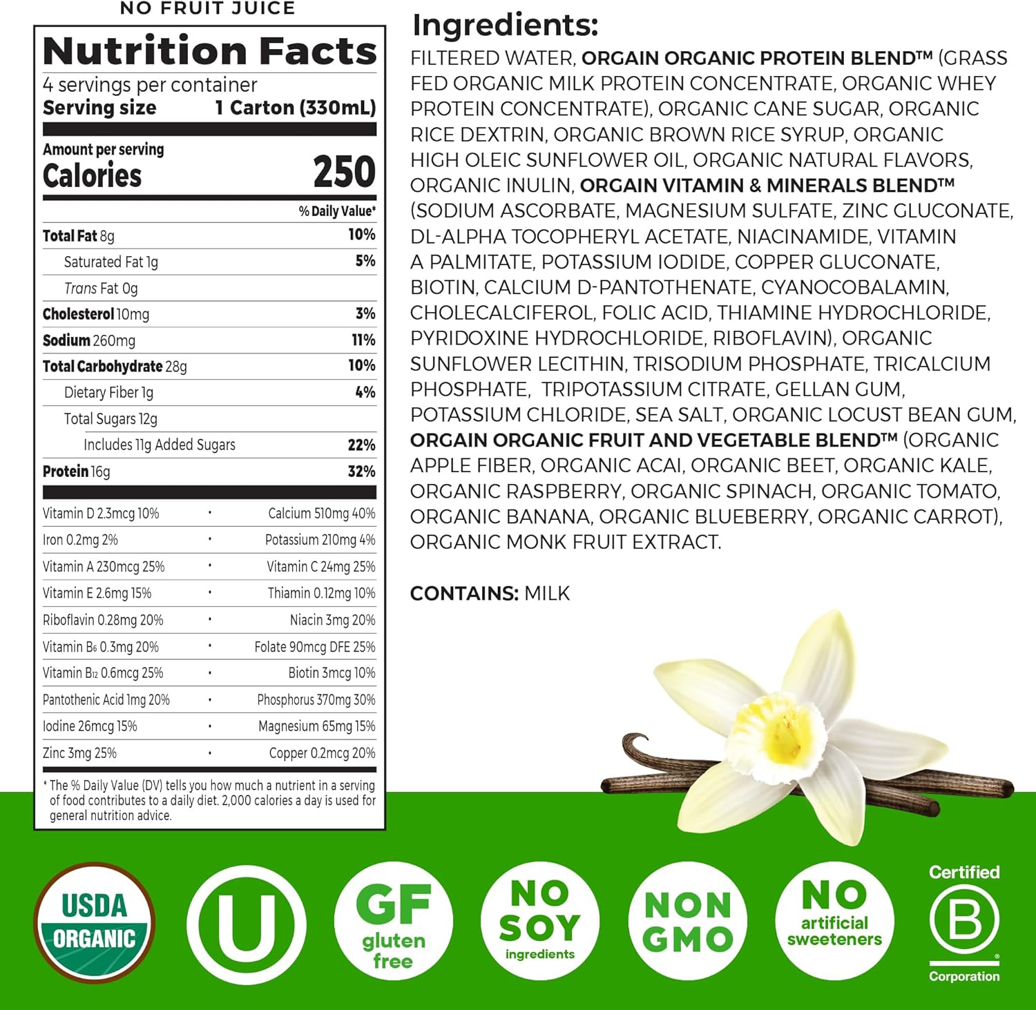 Orgain Organic Nutritional Shake, Vanilla Bean - Meal Replacement, 16g Protein, 20 Vitamins & Minerals, Gluten Free, Soy Free, Kosher, Non-GMO, 11 Ounce, 4 Count (Packaging May Vary) - Image 2