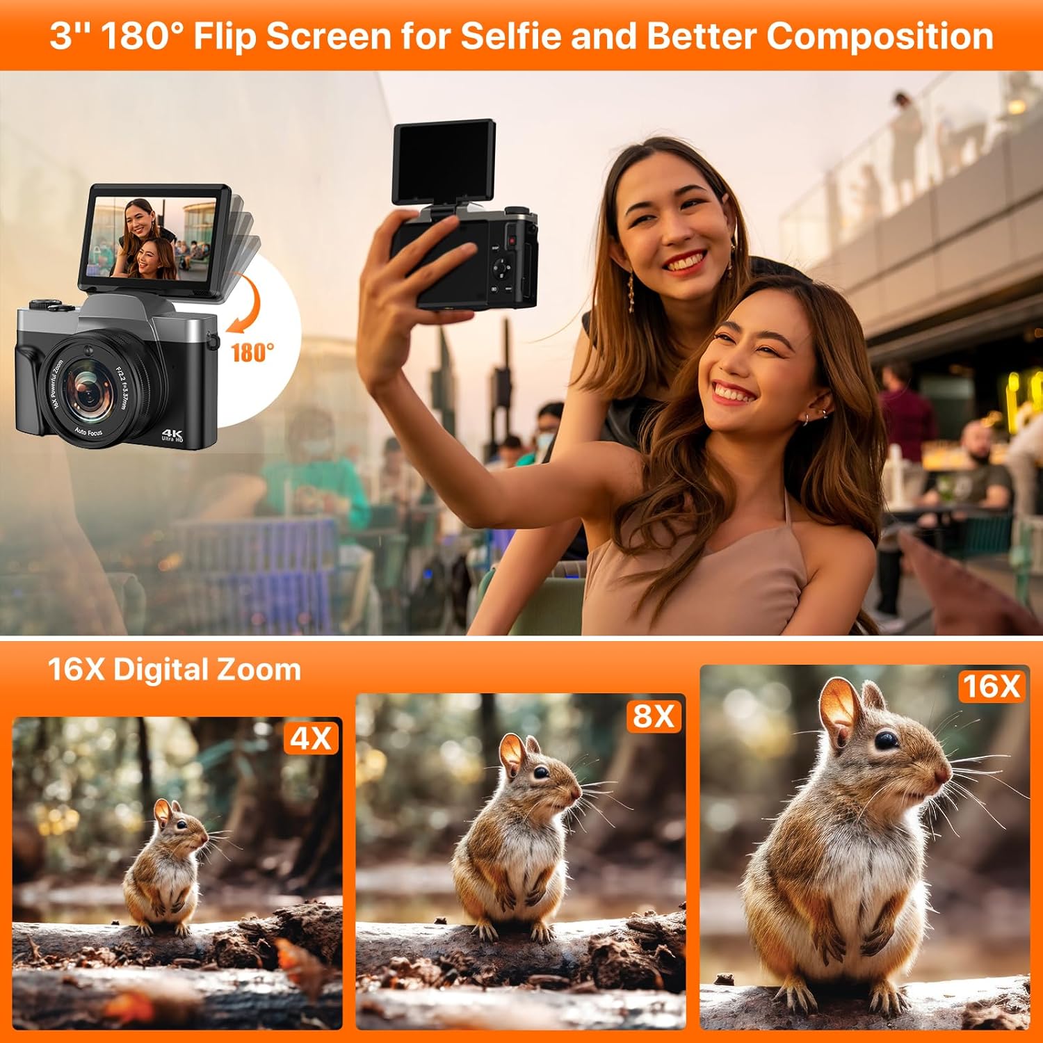 4K Digital Camera for Photography 64MP WiFi Vlogging Camera for YouTube Autofocus 3" 180° Flip Screen 16X Zoom Compact Travel Cameras with Anti-Shake, SD Card, 2 Batteries & Battery Charger - Image 3