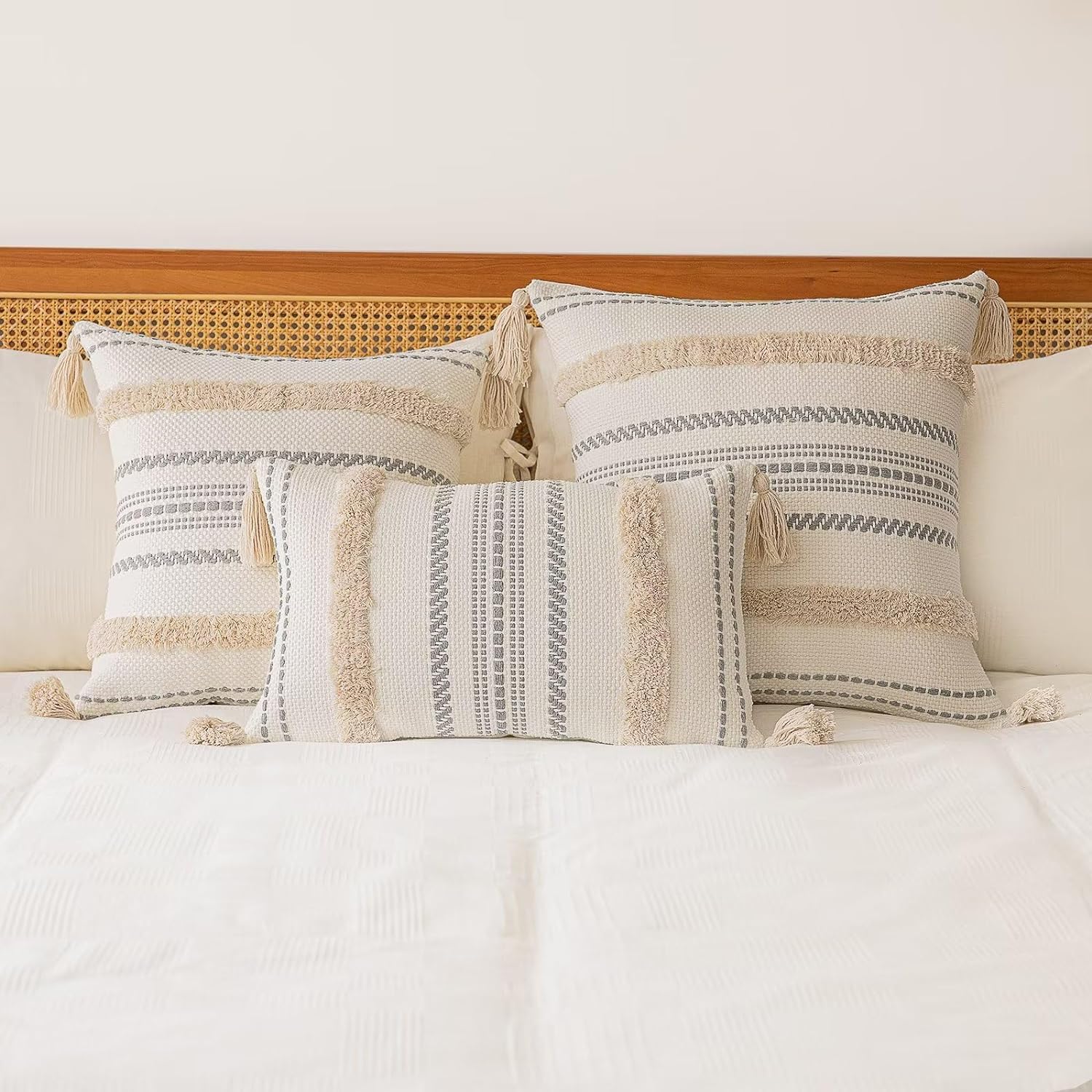 Boho Throw Pillow Covers 18x18 Set of 2 Woven Tufted Farmhouse Pillows Cover with Tassels Textured Striped Cushion Case Neutral Pillow Cases Decorative Pillowcase for Sofa, Couch, Bed, Khaki - Image 5