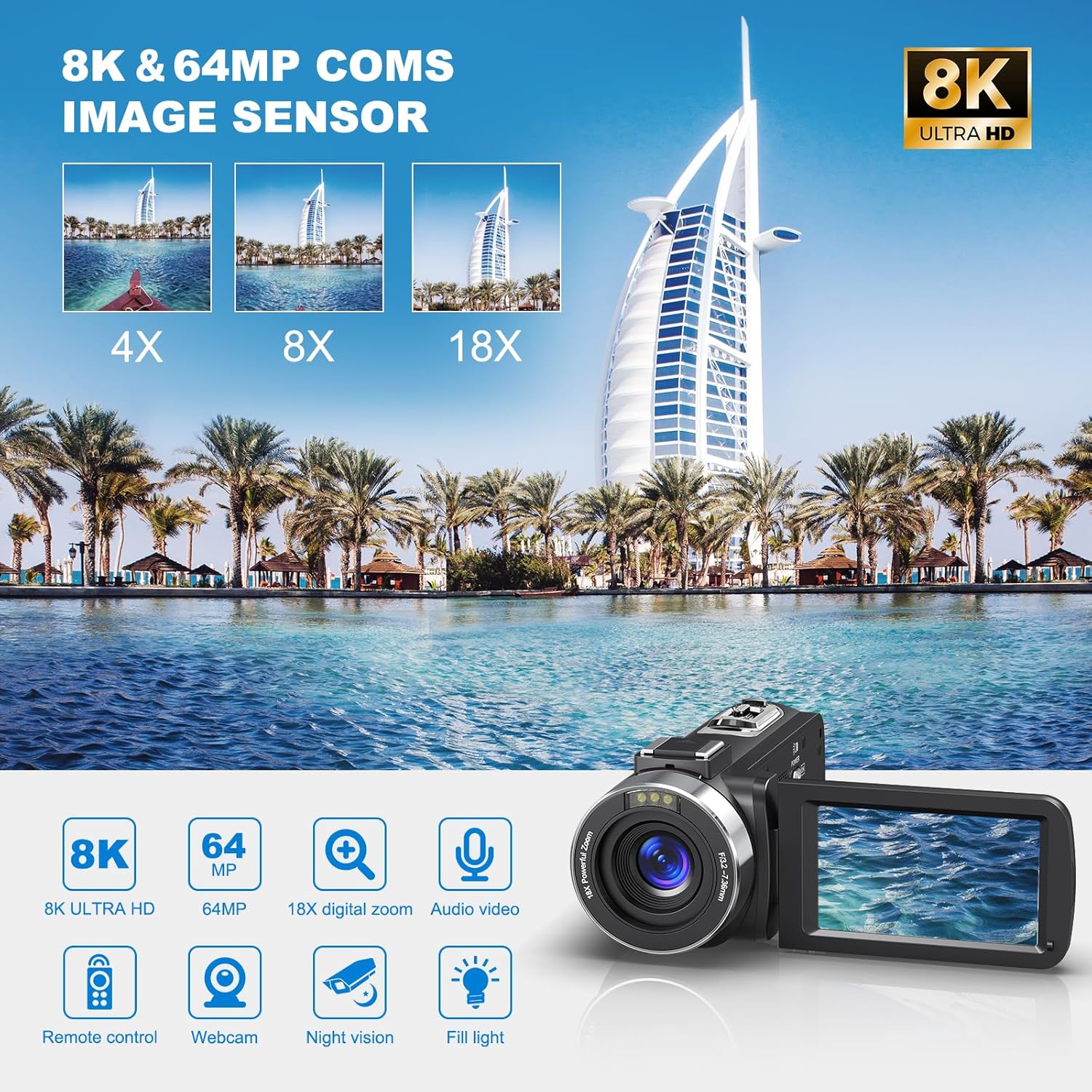 8K Video Camera Camcorder, 64MP IR Night Vision Vlogging Camera,18X Zoom 3.0“ LCD Flip Touch Screen Camcorder for YouTube with WiFi, 32G SD Card, Remote Control and Battery - Image 2